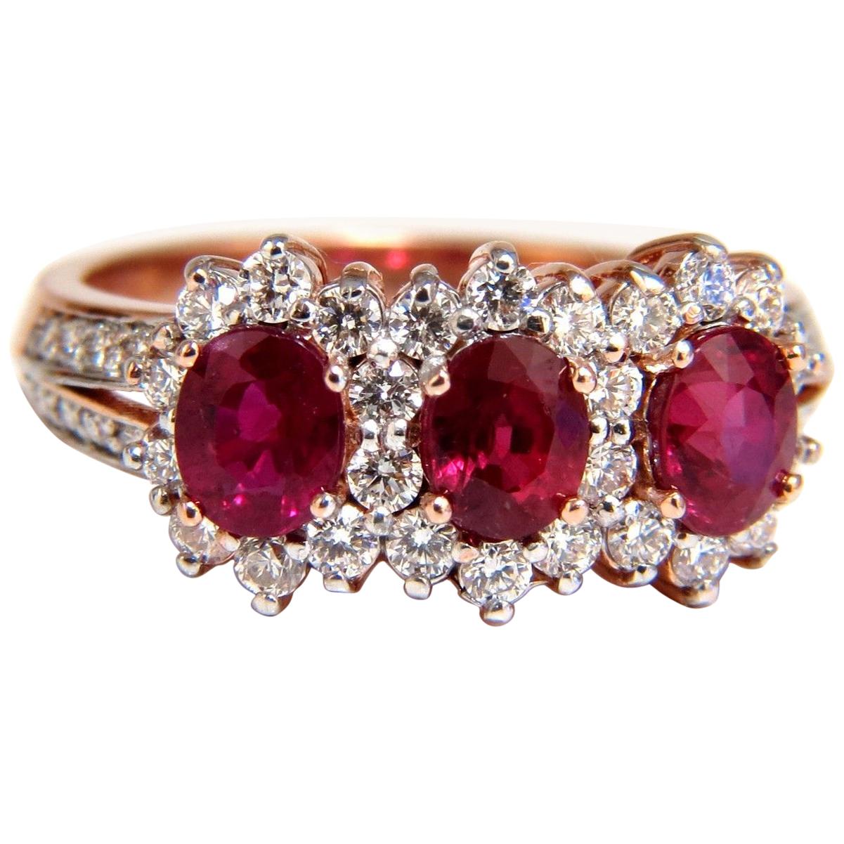 2.55 Carat Natural Vivid Red Ruby Diamonds Ring 14 Karat Three-Stone Halo Class