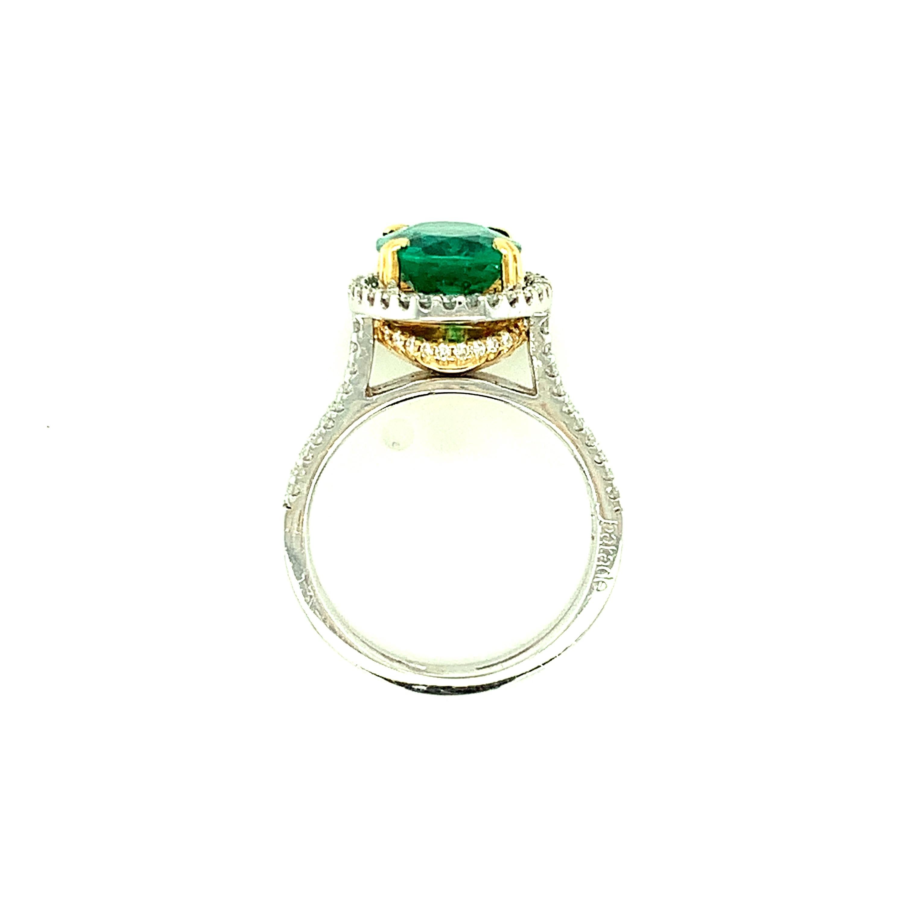 GIA Certified 2.52 Carat Emerald and Diamond Halo Cocktail Ring in 18k Gold For Sale 3