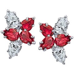 2.55 Carat Pear Shape Red Ruby and Diamond Platinum Cluster Earrings