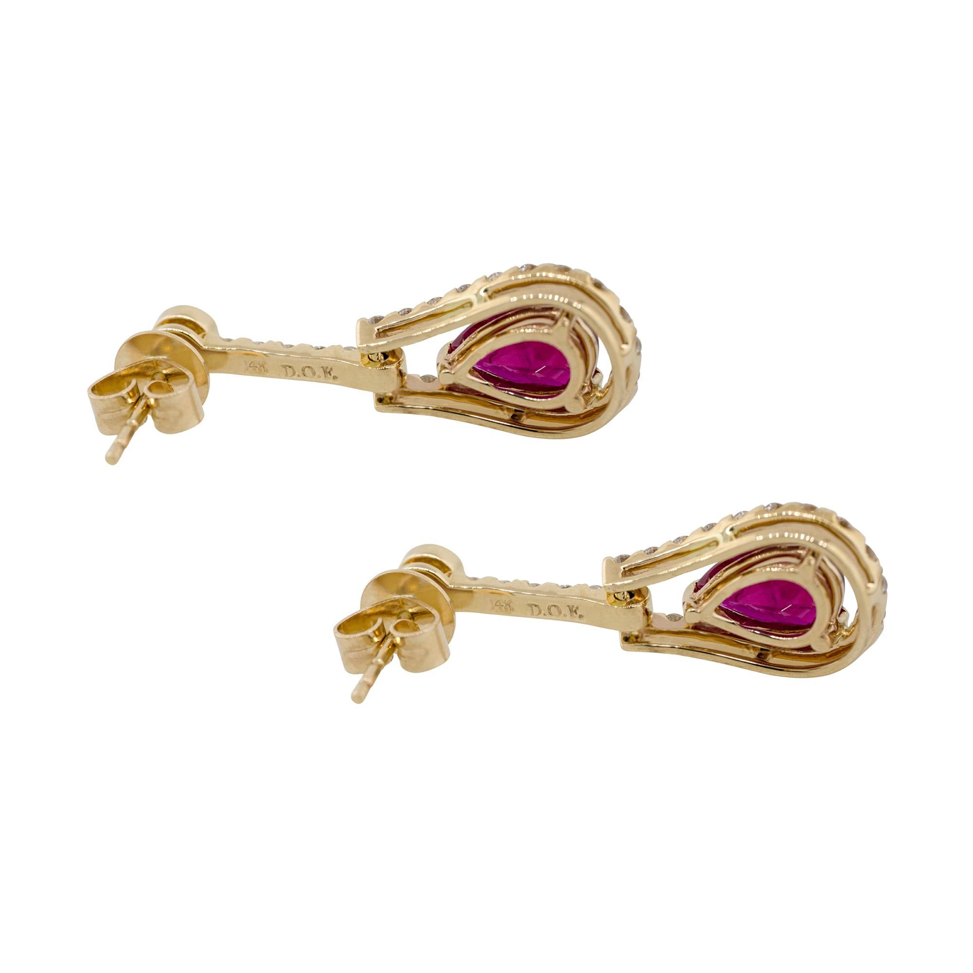 2.55 Carat Pear Shape Ruby Dangle Earrings with Diamonds 14 Karat in Stock In New Condition In Boca Raton, FL