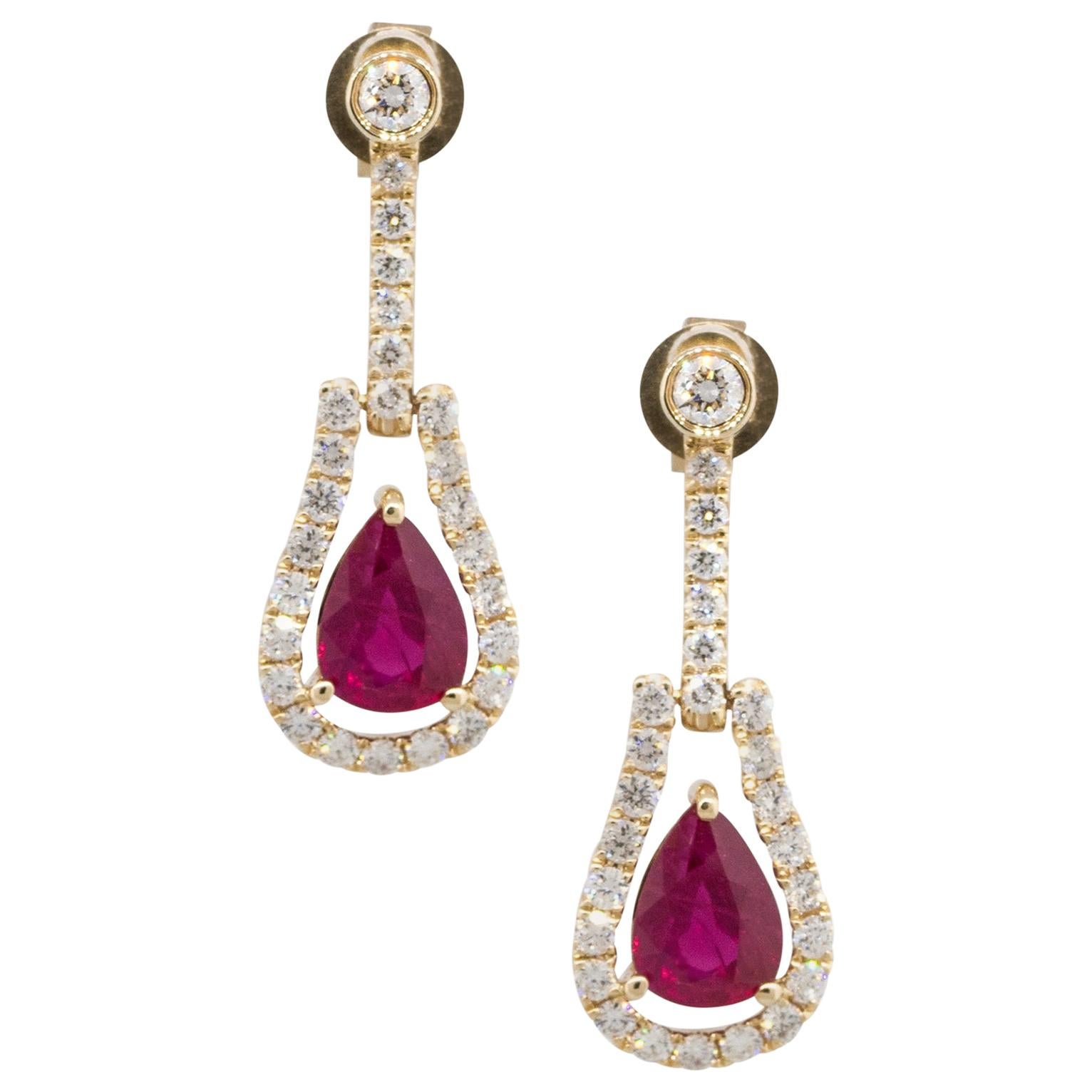 2.55 Carat Pear Shape Ruby Dangle Earrings with Diamonds 14 Karat in Stock