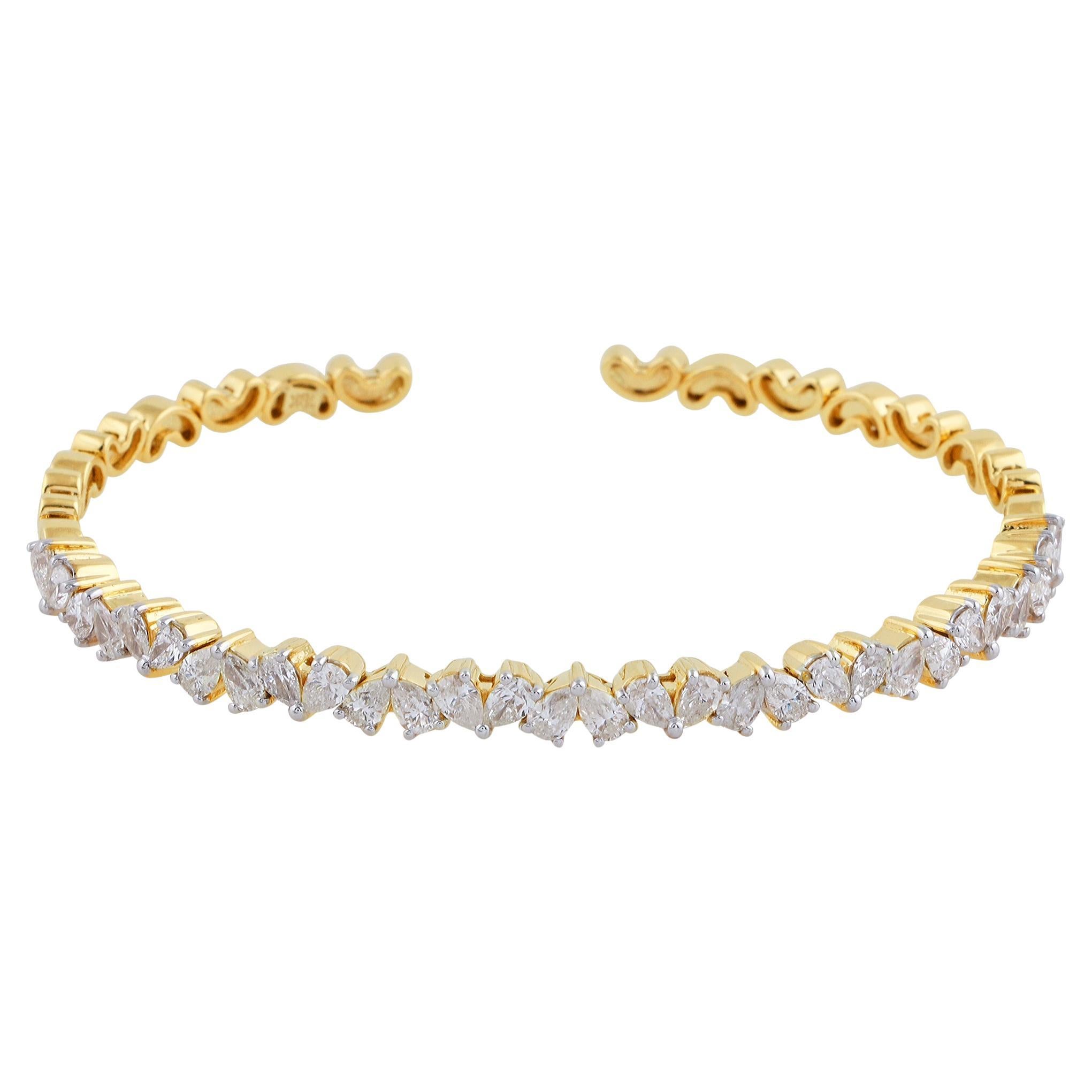 2.55 Carat Pear SI Clarity HI Color Diamond Cuff Bracelet 14 Karat Yellow Gold
