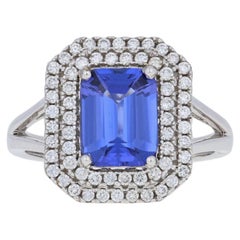 2.55 Carat Rectangle Cut Tanzanite & Diamond Ring, 18k White Gold Double Halo