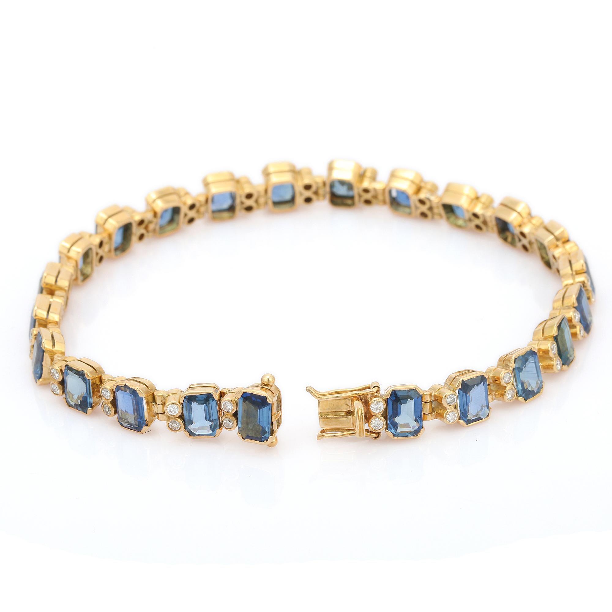 Octagon Cut 25.5 Carat Sapphire and Diamond Bezel Set Tennis Bracelet in 18K Yellow Gold For Sale