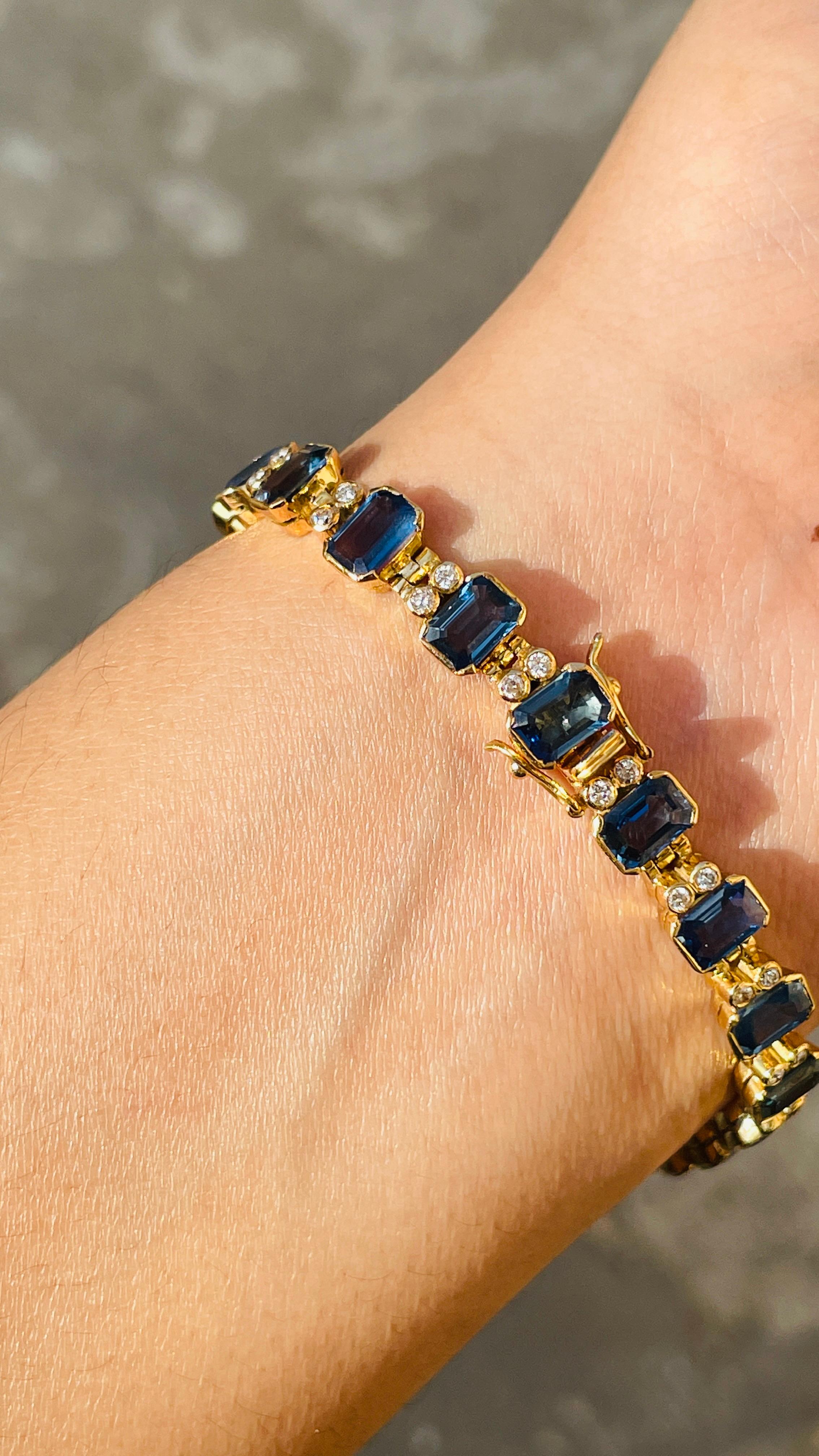Blue Sapphire bracelet in 18K Gold. It has a perfect octagon cut gemstone to make you stand out on any occasion or an event.
A tennis bracelet is an essential piece of jewelry when it comes to your wedding day. The sleek and elegant style