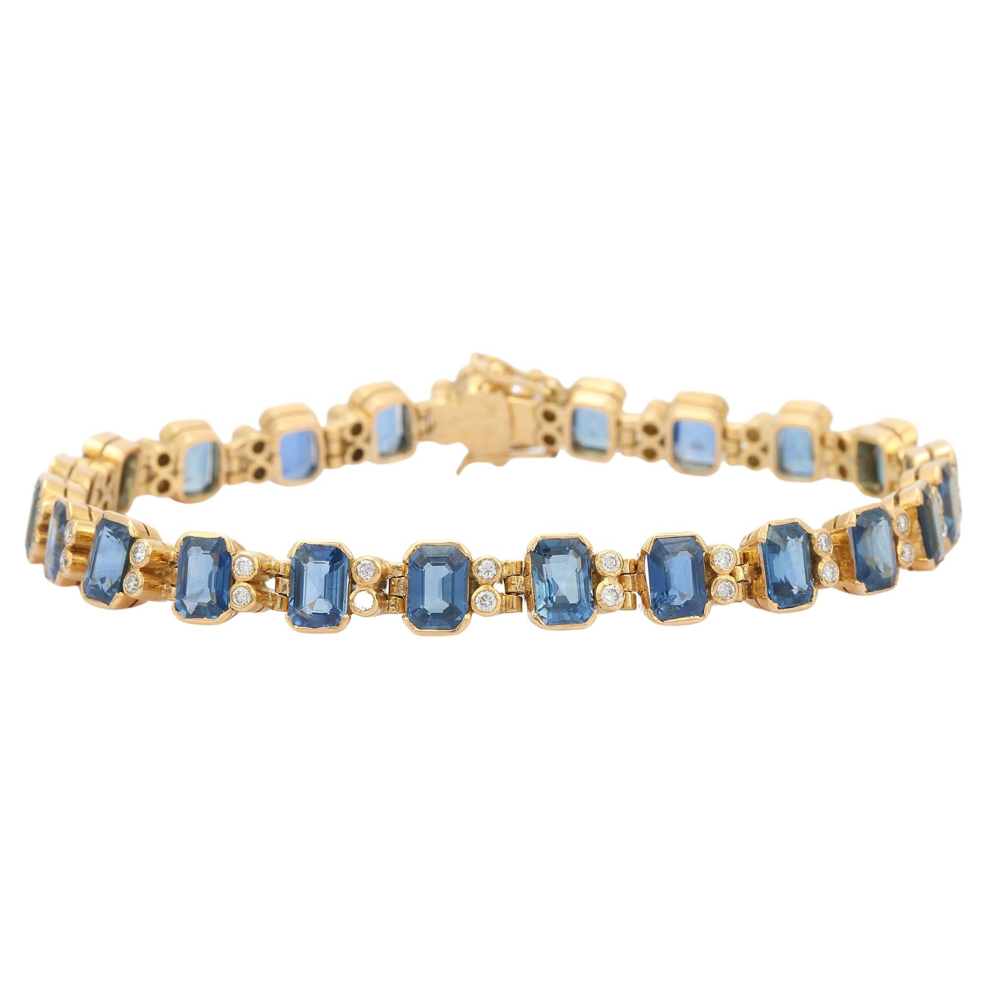 25.5 Carat Sapphire and Diamond Bezel Set Tennis Bracelet in 18K Yellow Gold
