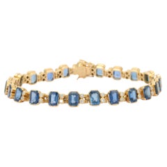 25.5 Carat Sapphire and Diamond Bezel Set Tennis Bracelet in 18K Yellow Gold