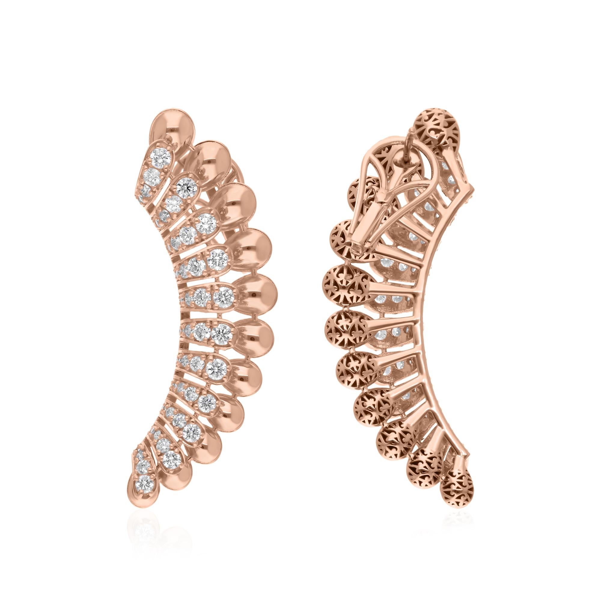 Elevate your style with these exquisite Wing Design Dangle Earrings, crafted in luxurious 18 Karat Rose Gold. Featuring 2.55 carats of sparkling natural diamonds with an average clarity of SI1-SI2 and a color grade of H-I, these earrings are