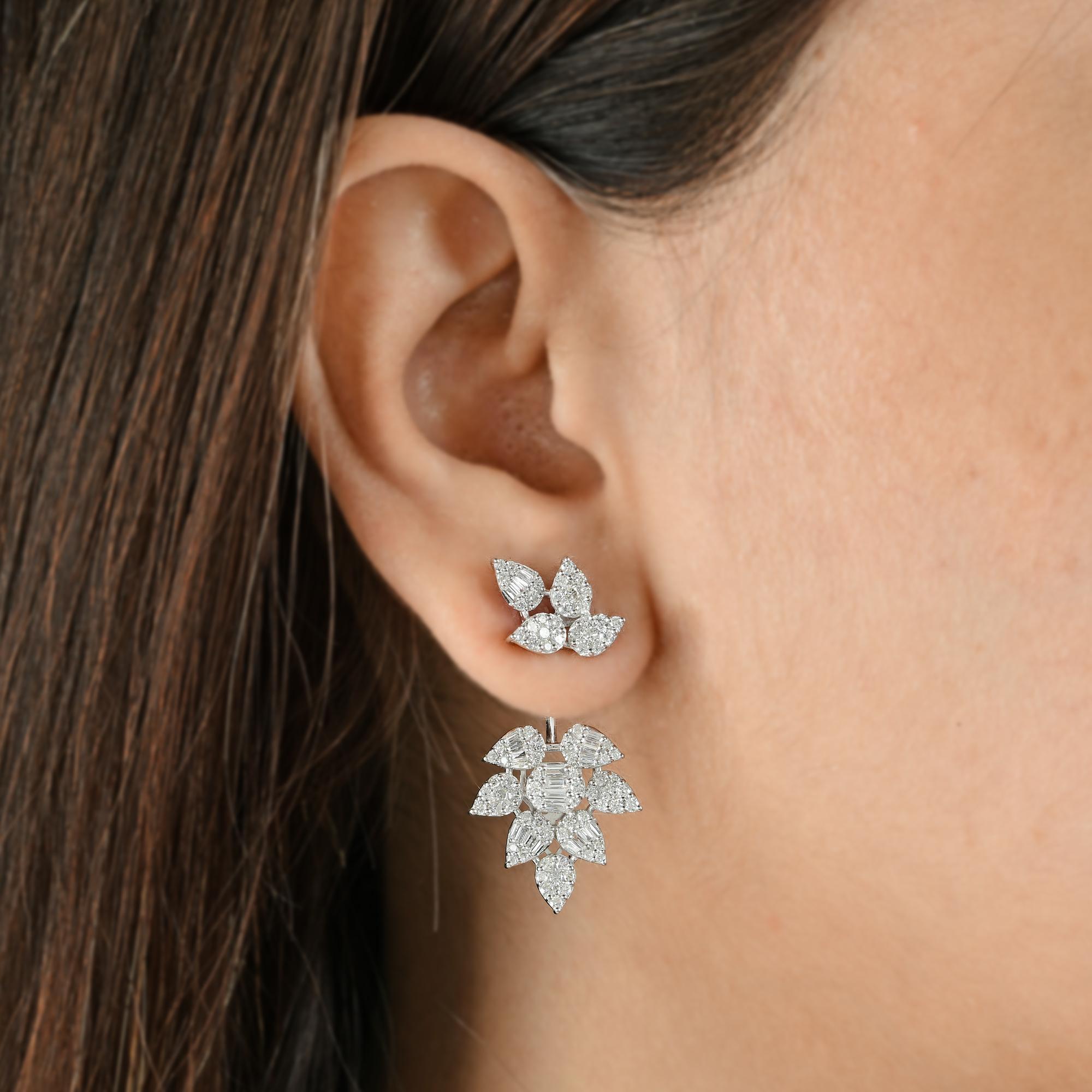 Round Cut 2.55 Carat SI Clarity HI Color Diamond Leaf Jacket Earrings 18 Karat White Gold For Sale