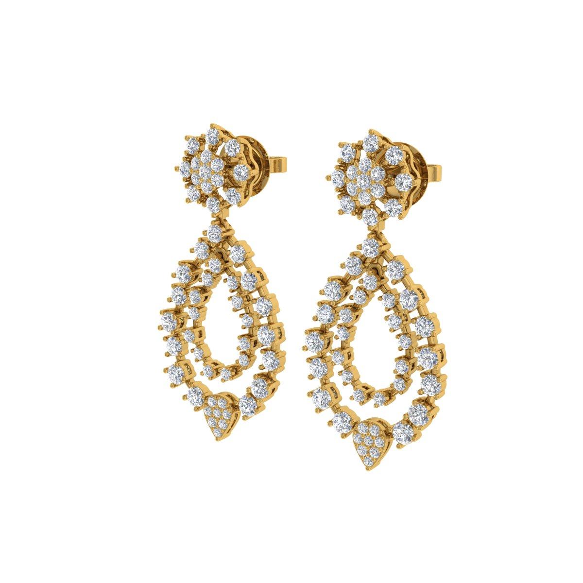 Modern 2.55 Carat SI/H Round Brillian Cut Diamond Earrings 14 Karat Yellow Gold Jewelry For Sale