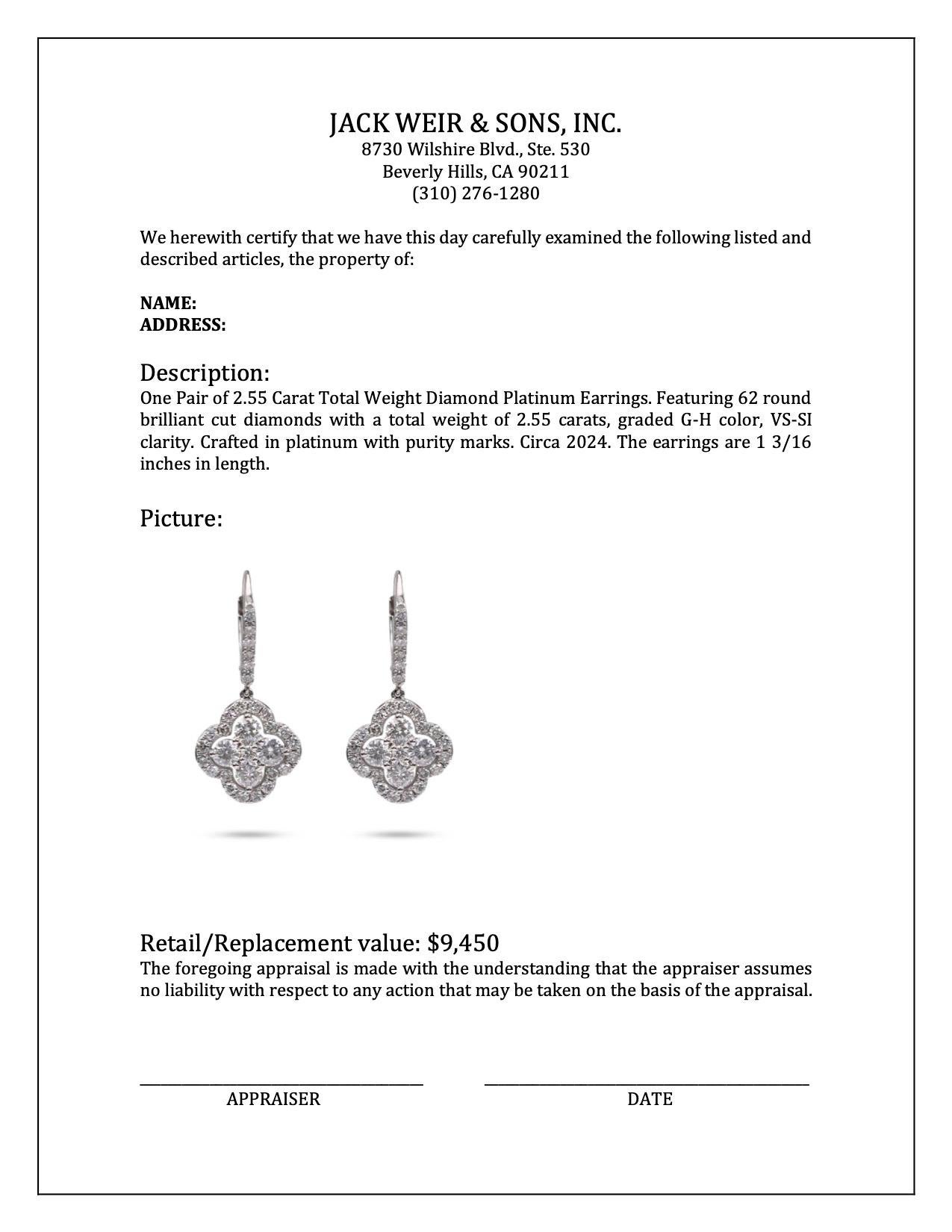 2.55 Carat Total Weight Diamond Platinum Earrings For Sale 1