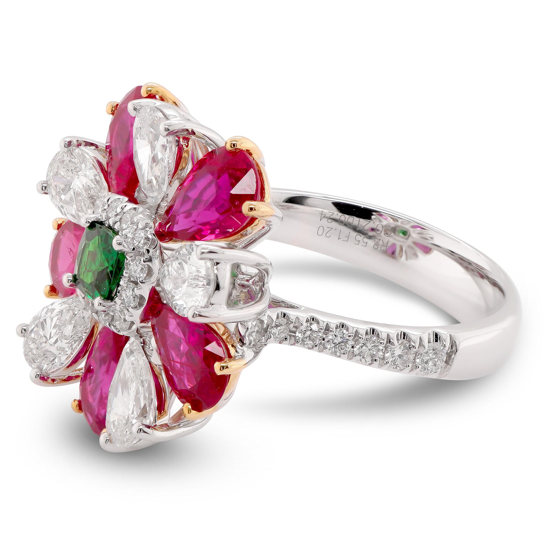 2.55 carat of vivid red ruby is set along with 1.40 carat of white diamond and 0.21 carat of Tanzanian Tsavorite in 18K ring.
The details of the diamond are mentioned below:
Color: F
Clarity: Vs
Tsavorite garnet is today one of the rarest and most