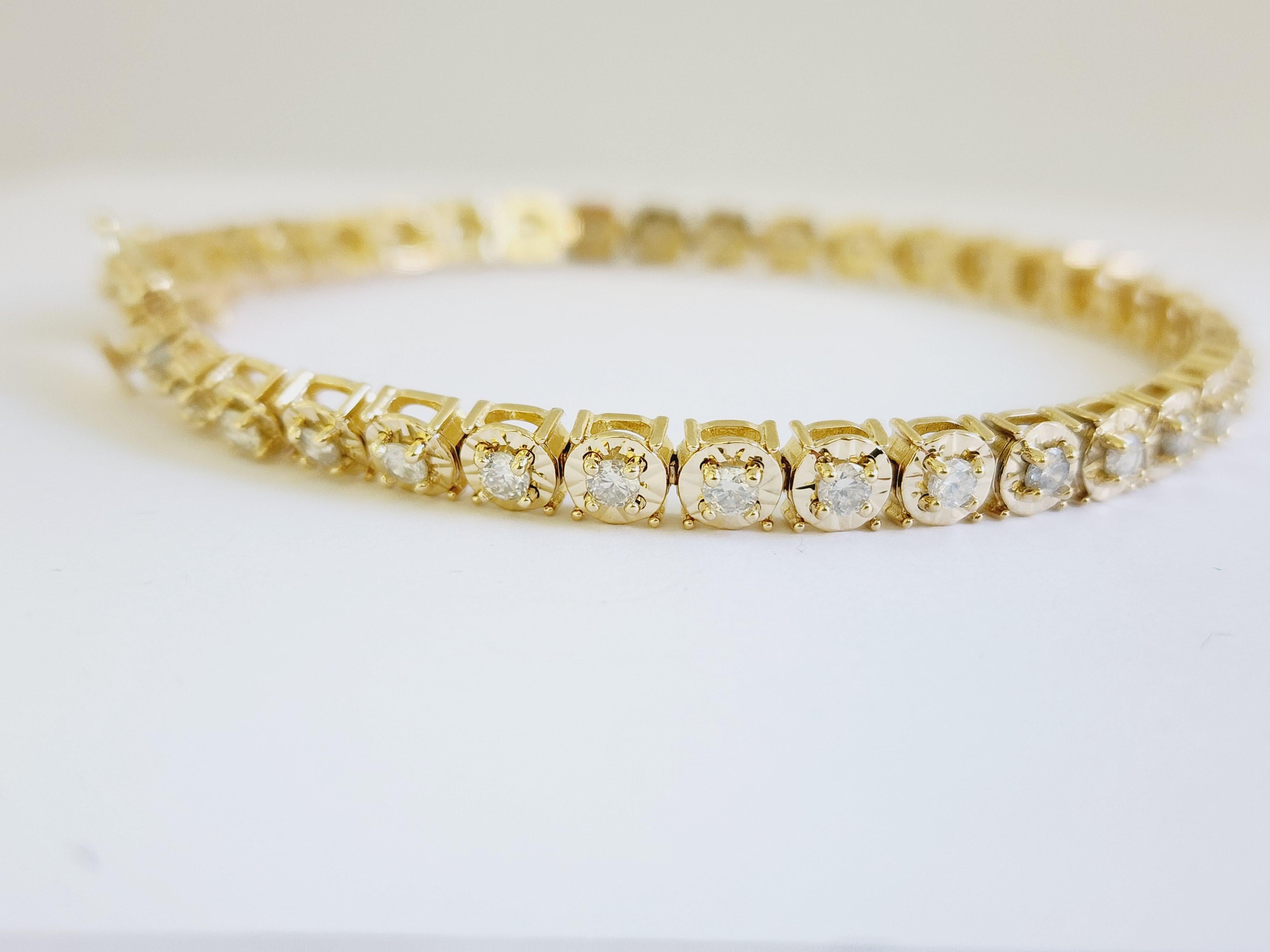 Women's or Men's 2.55 Carats Diamond Cut Miracle Illusion Tennis Bracelet 14 Karat Yellow Gold