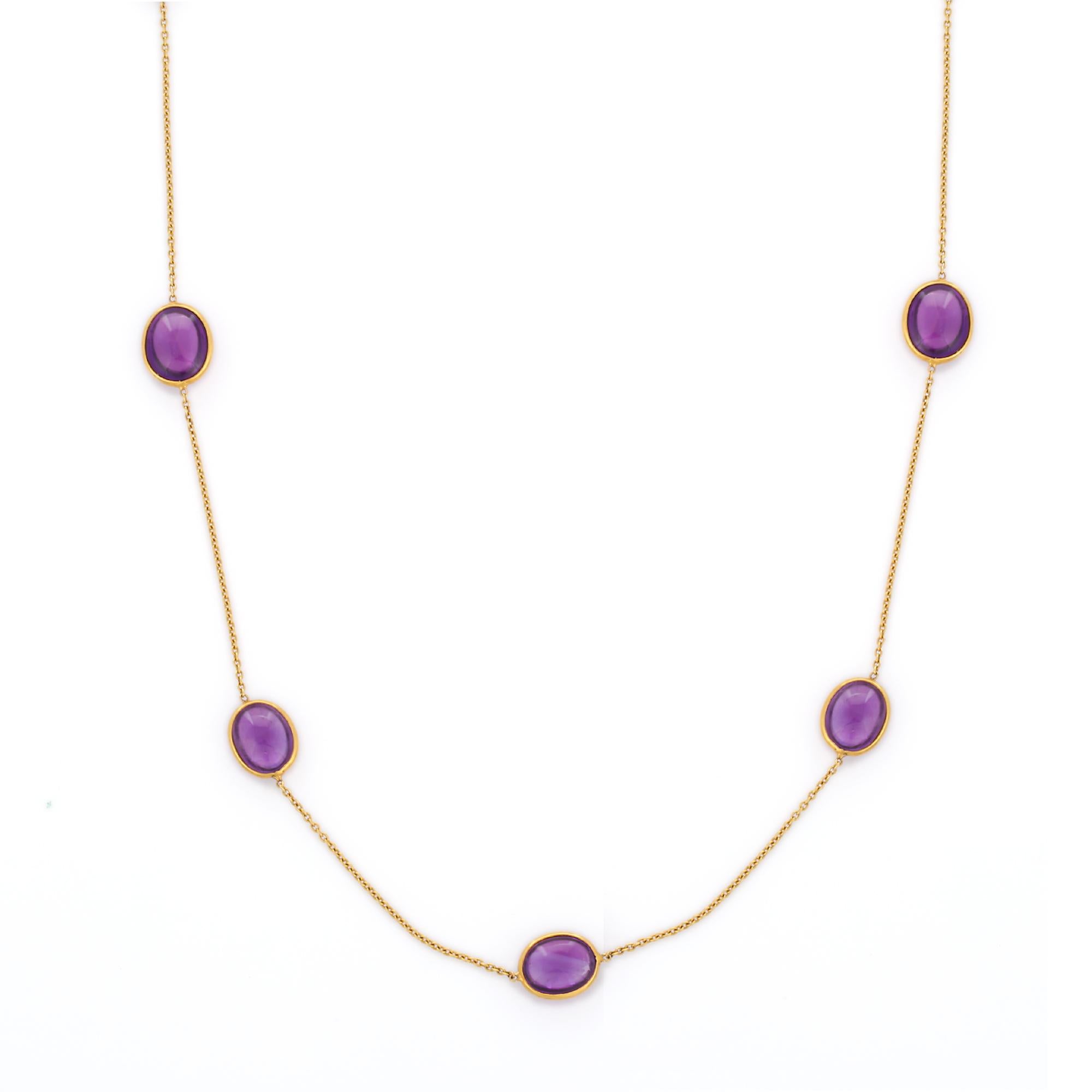 Amethyst Necklace in 18K Gold studded with oval cut amethyst gemstones.
Accessorize your look with this elegant amethyst chain necklace. This stunning piece of jewelry instantly elevates a casual look or dressy outfit. Comfortable and easy to wear,