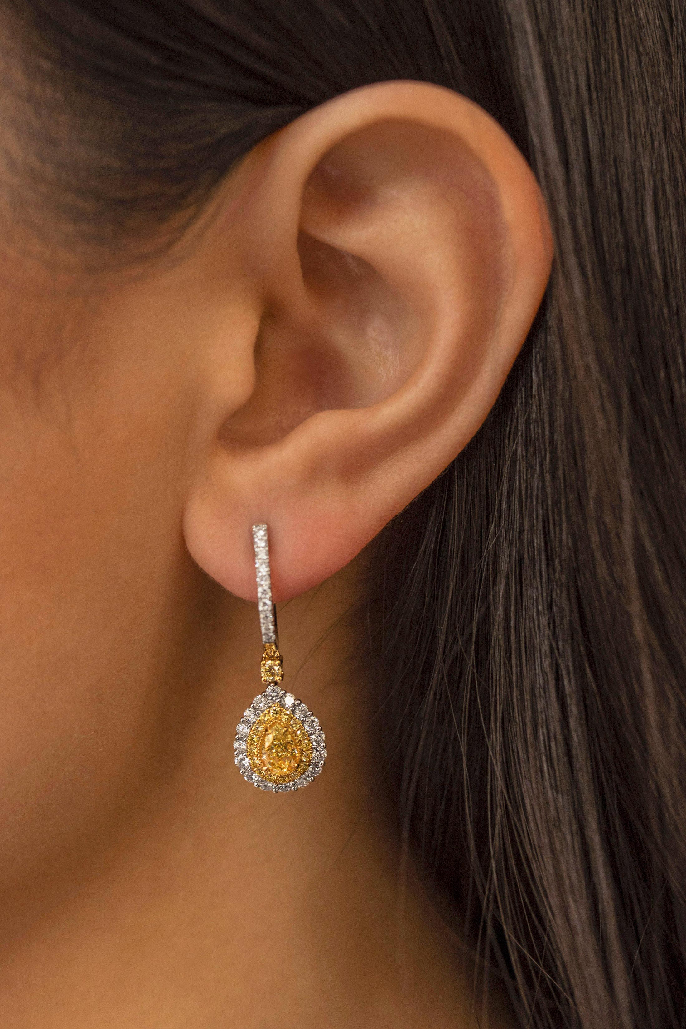 Pear Cut 2.55 Total Carat Fancy Yellow Diamond Fashion Dangle Earrings 