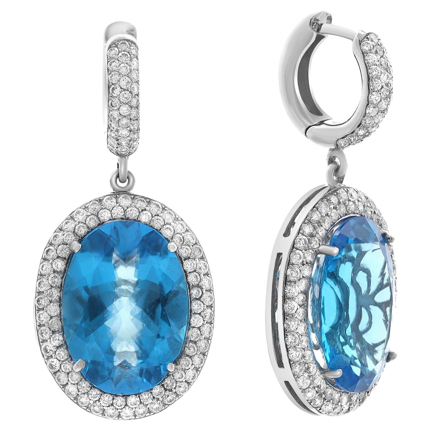 25.50cttw Oval Topaz & Diamond Halo Ladies Drop Earrings 14K White Gold For Sale