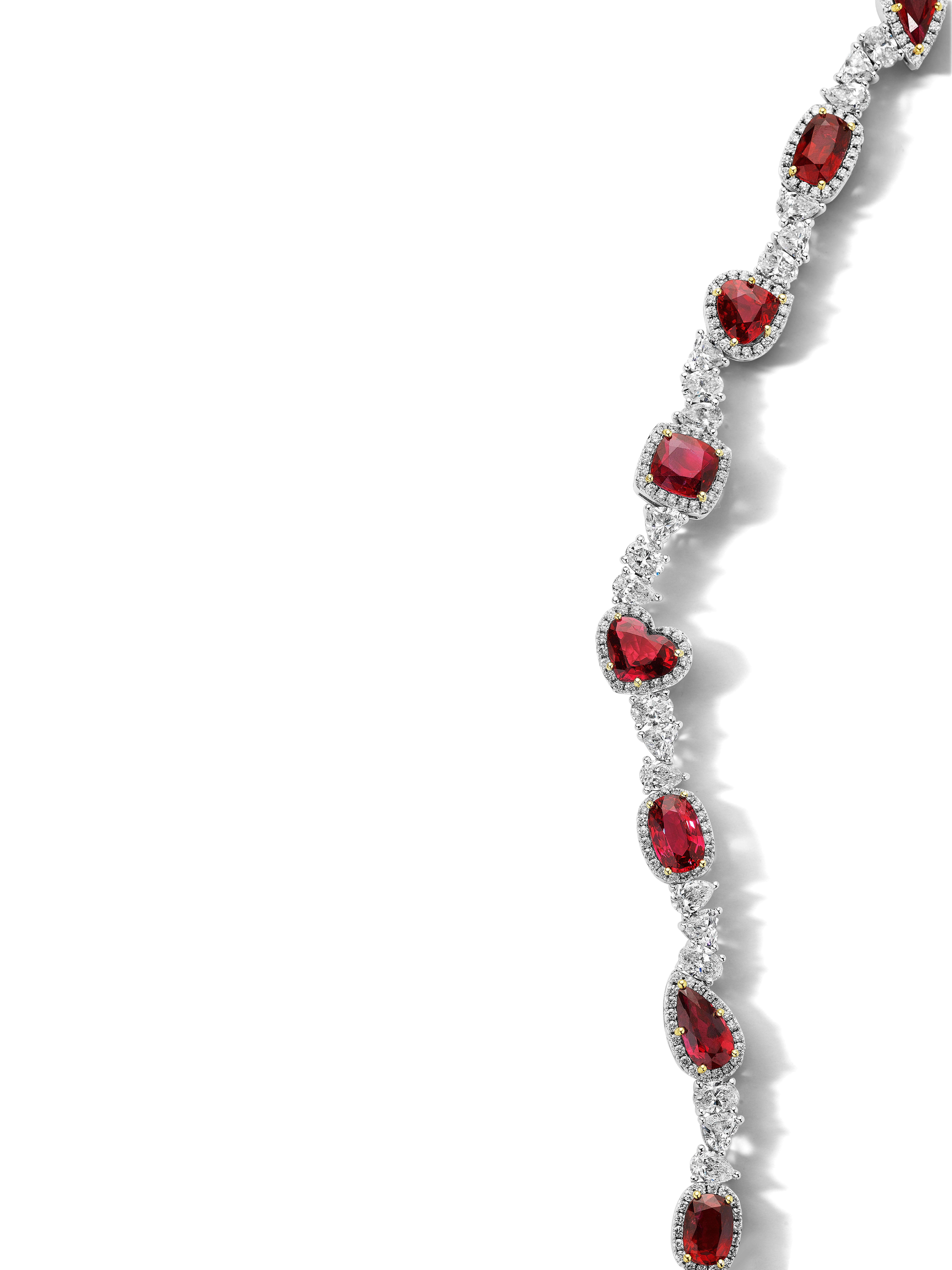 Cushion Cut 25.52ct Mixed Shape Ruby & Diamond Bracelet in 18KT White Gold For Sale