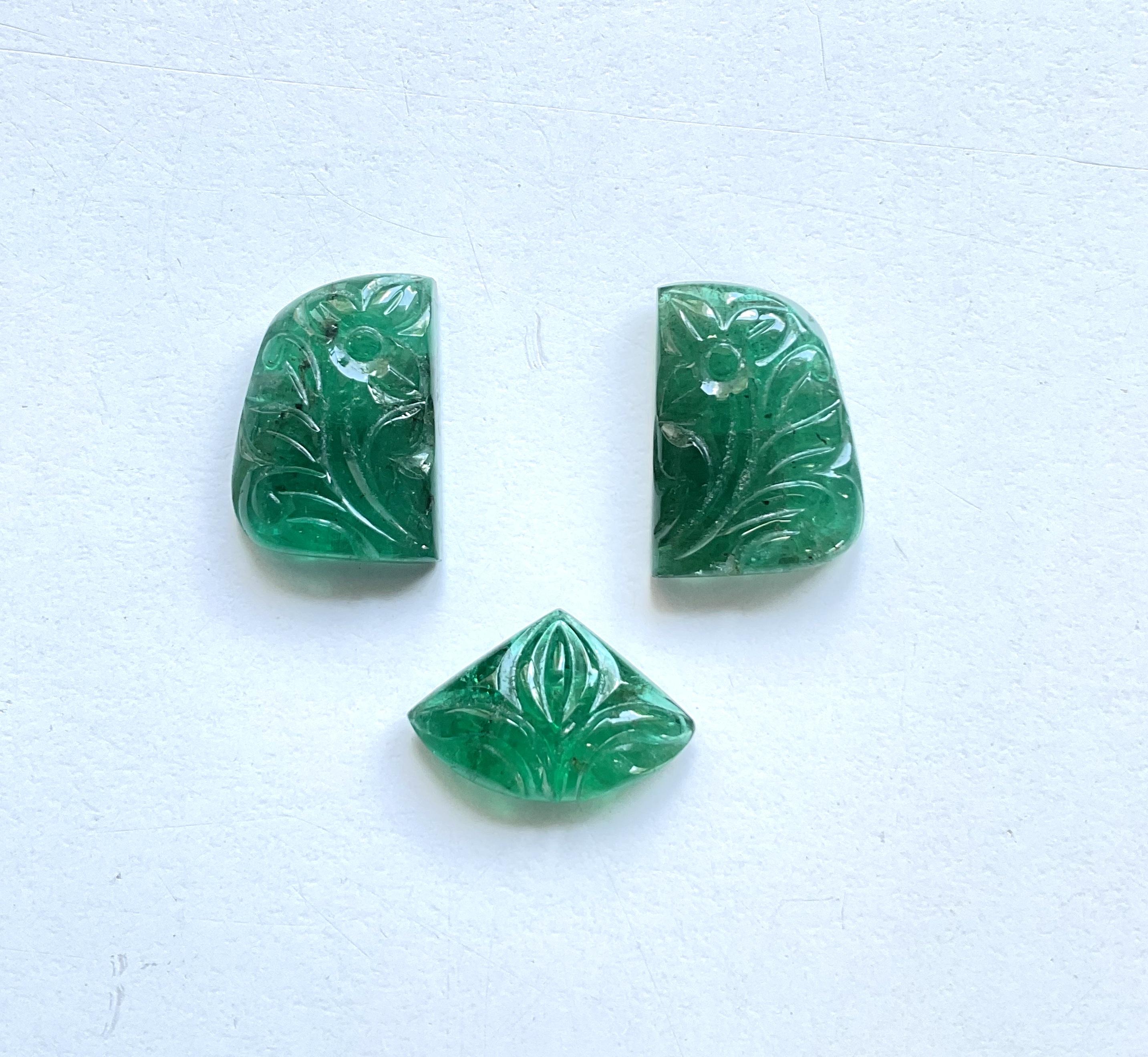 25.53 Carats Zambian Emerald 3 Pieces Carved For Jewelry Natural Gemstone For Sale 4