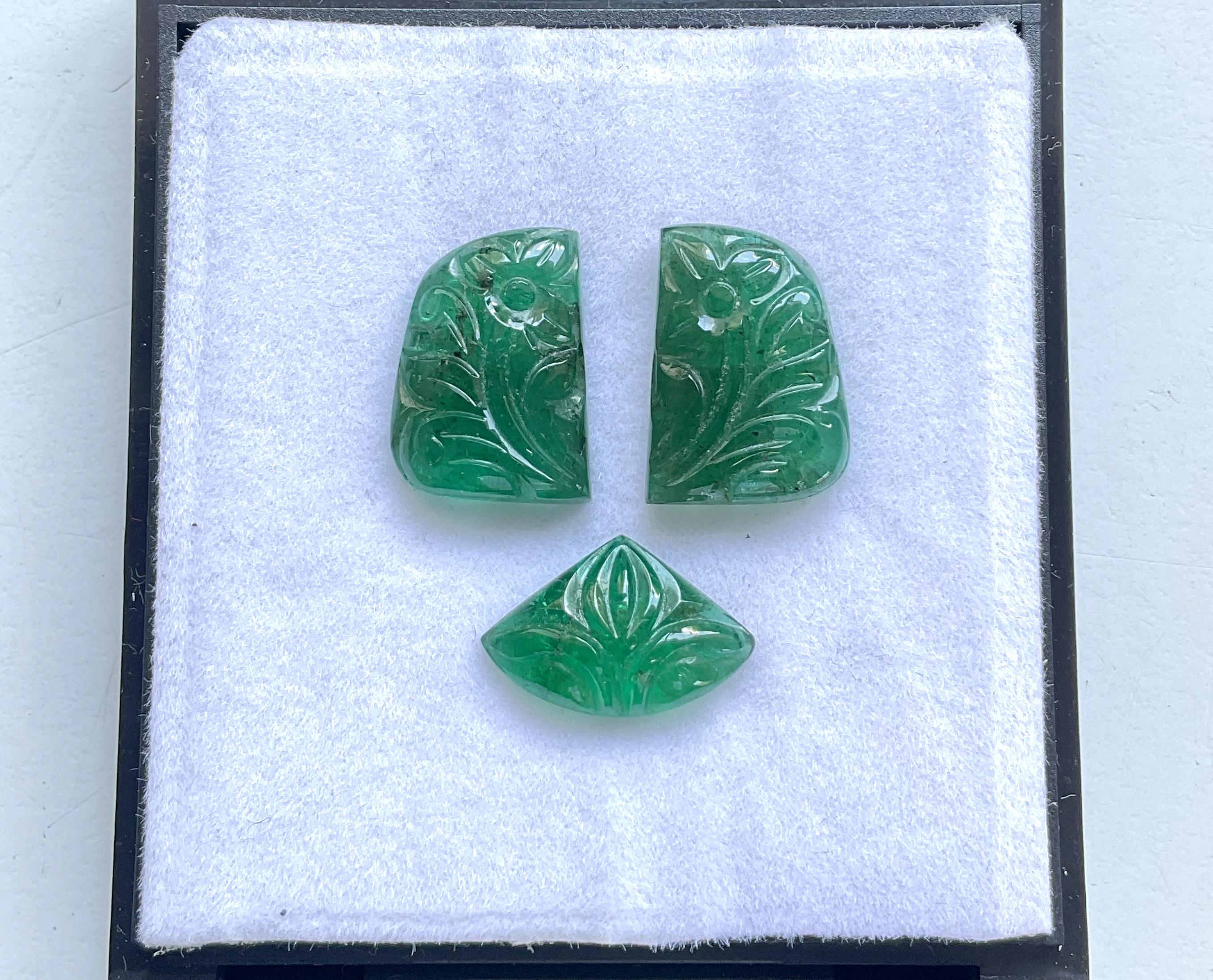 25.53 Carats Zambian Emerald 3 Pieces Carved For Jewelry Natural Gemstone

Weight: 25.53 Carats
Size: 17x11x5 To 17.5x13.5x5 MM
Pieces: 25.53
Shape: Carved