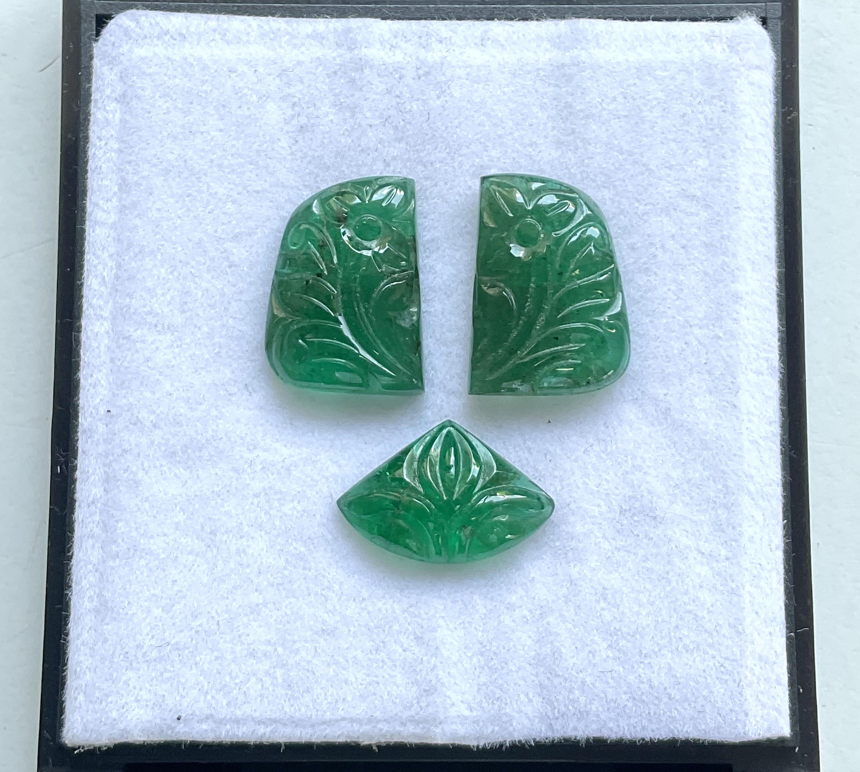 Art Deco 25.53 Carats Zambian Emerald 3 Pieces Carved For Jewelry Natural Gemstone For Sale