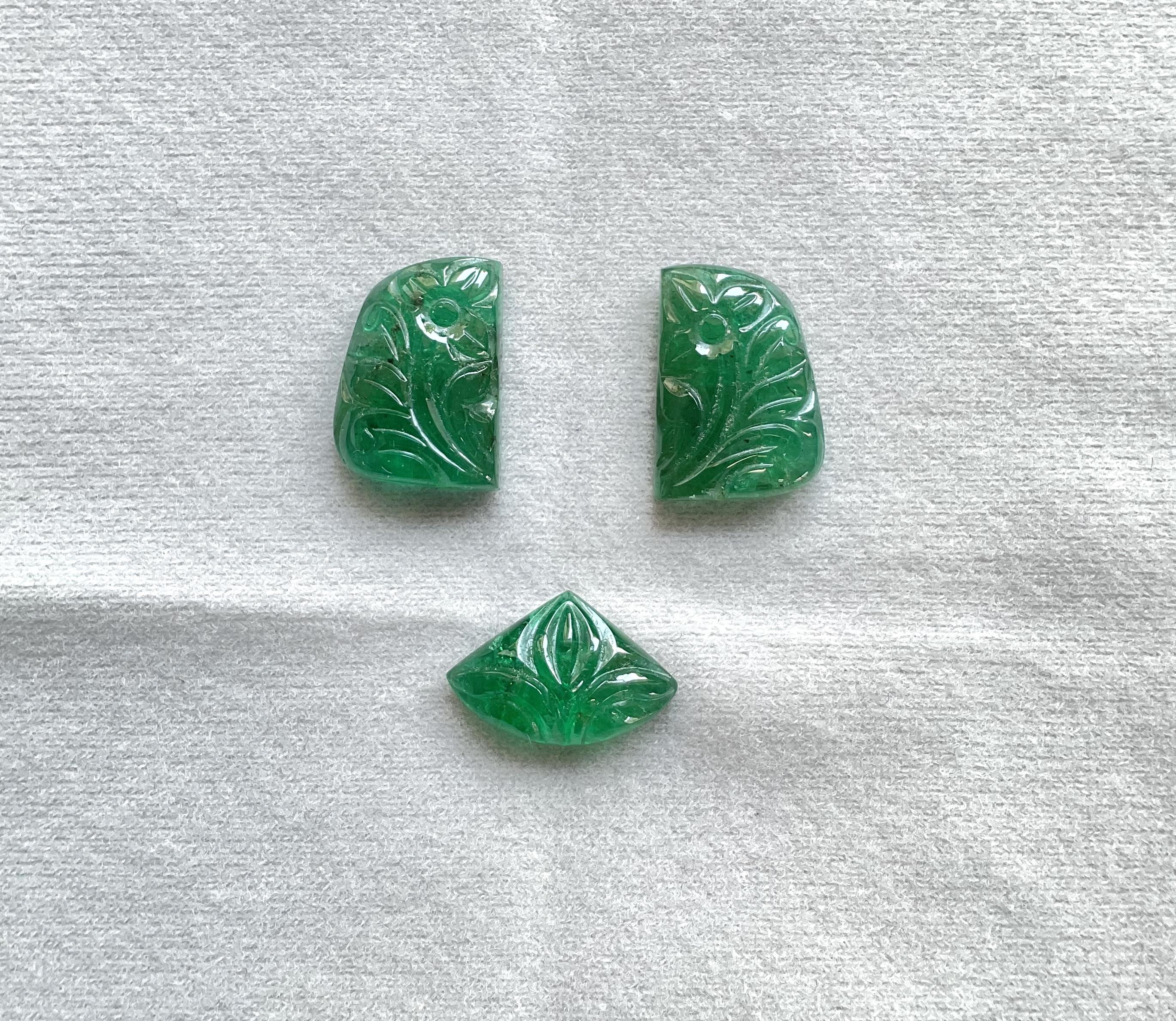 25.53 Carats Zambian Emerald 3 Pieces Carved For Jewelry Natural Gemstone In New Condition For Sale In Jaipur, RJ