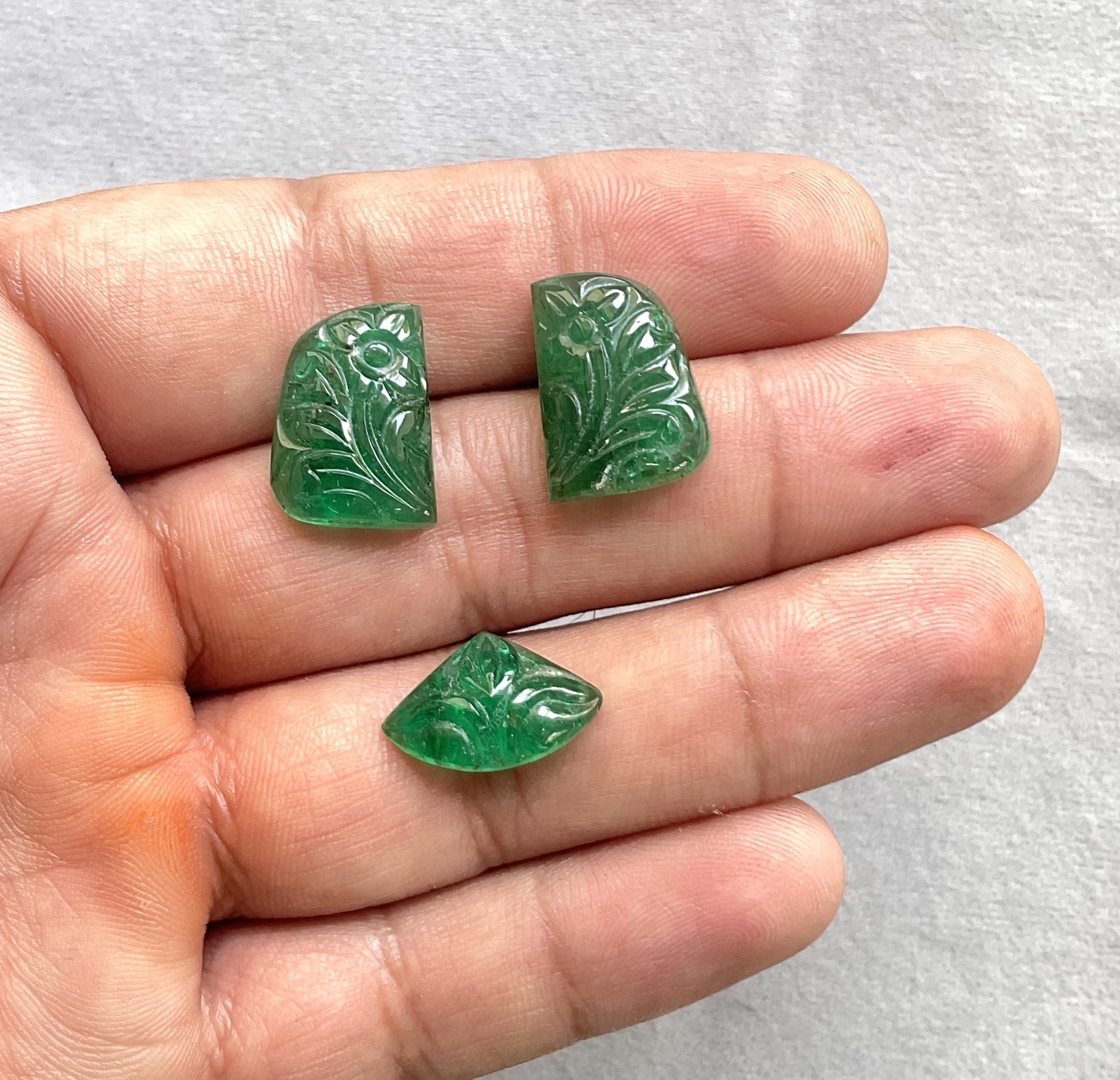 25.53 Carats Zambian Emerald 3 Pieces Carved For Jewelry Natural Gemstone For Sale 1