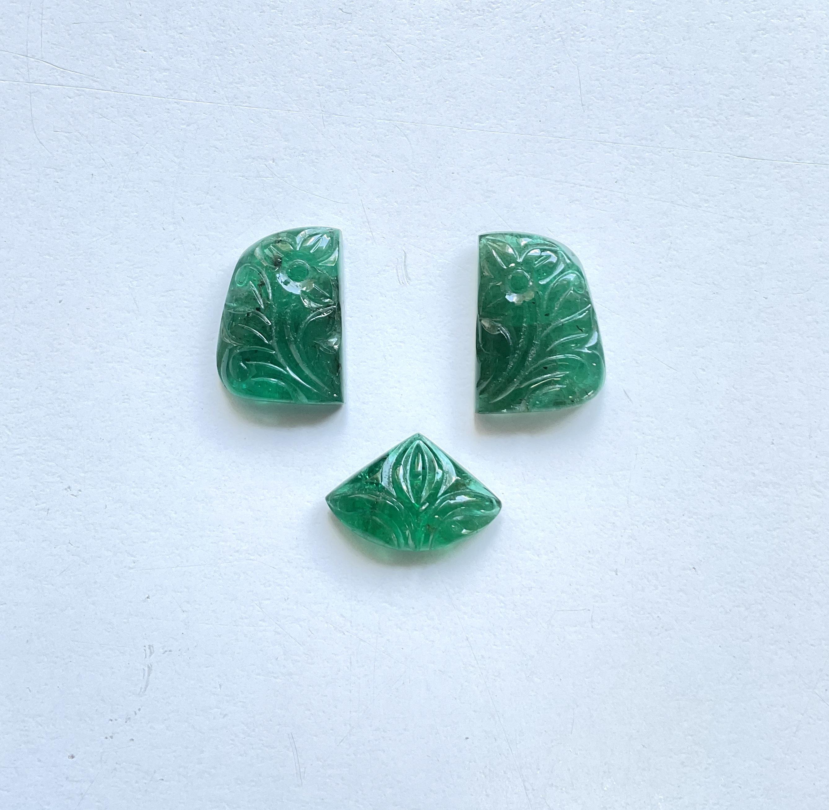 25.53 Carats Zambian Emerald 3 Pieces Carved For Jewelry Natural Gemstone For Sale 3
