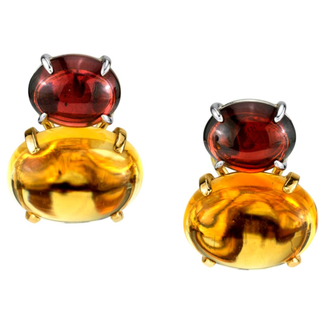 Citrine & Garnet Oval Cabochon, 18k Yellow, White Gold French Clip Drop Earrings