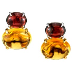 Citrine & Garnet Oval Cabochon, 18k Yellow, White Gold French Clip Drop Earrings