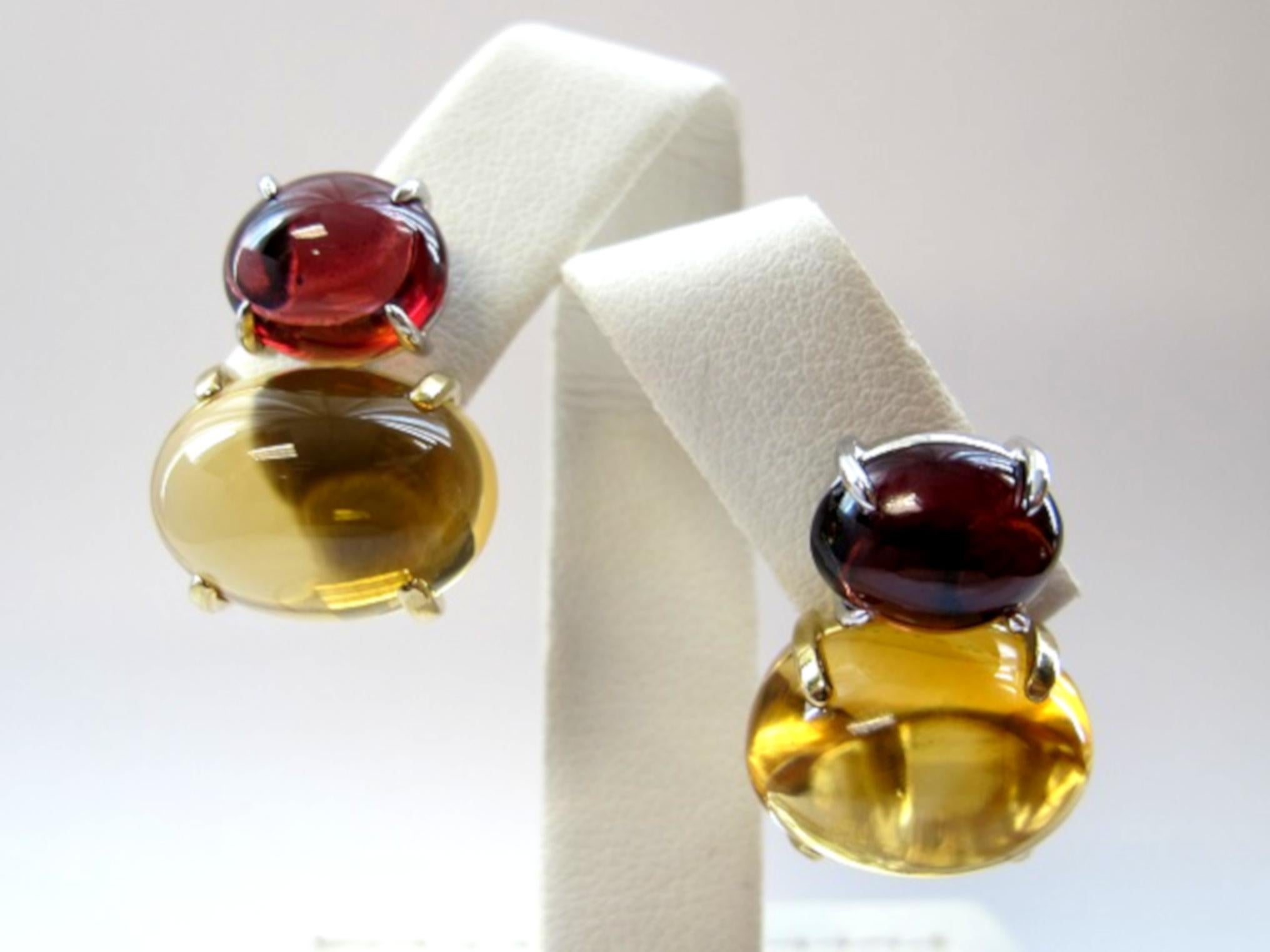 Citrine & Garnet Oval Cabochon, 18k Yellow, White Gold French Clip Drop Earrings In New Condition In Los Angeles, CA