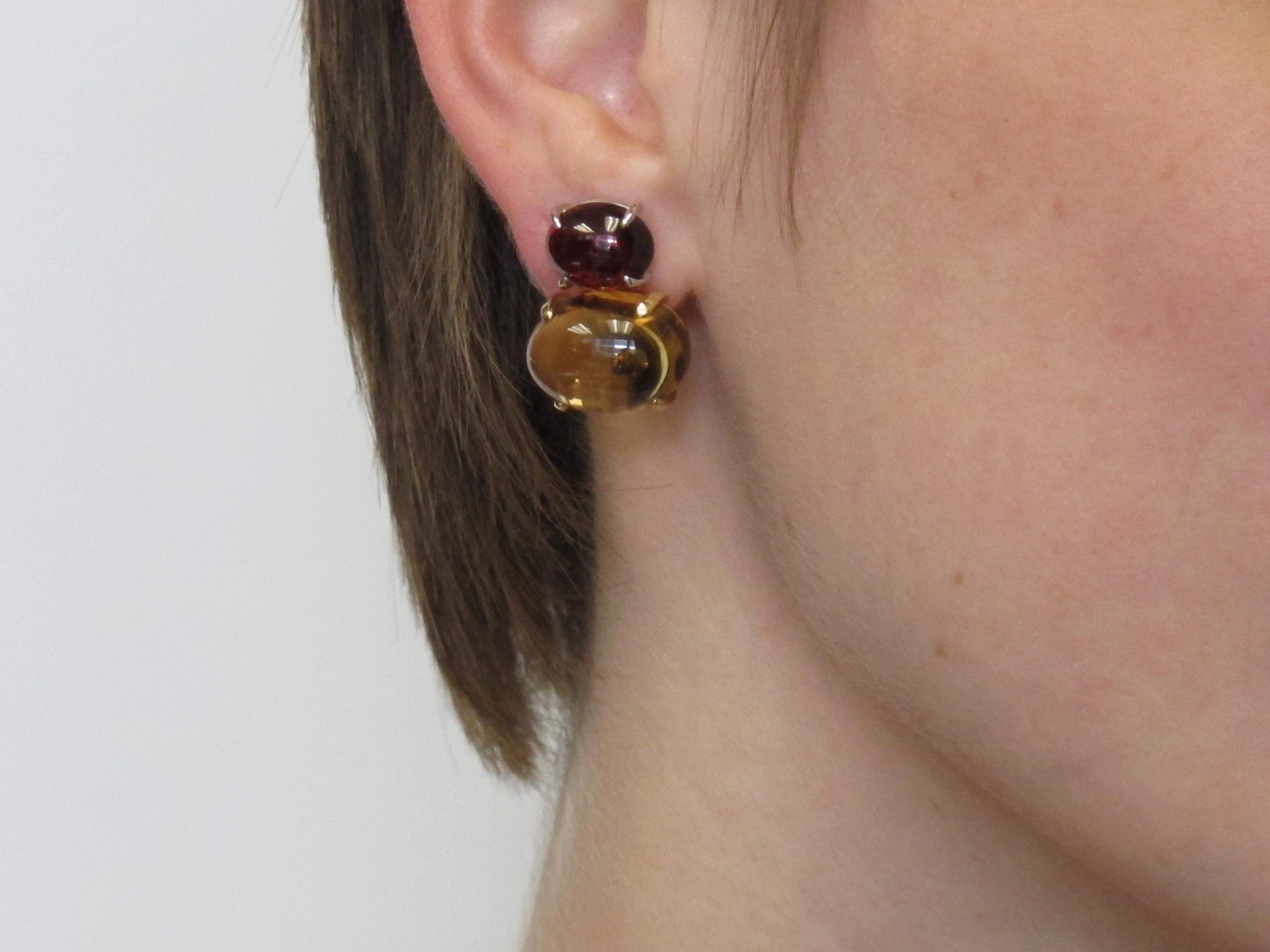 Citrine & Garnet Oval Cabochon, 18k Yellow, White Gold French Clip Drop Earrings 1