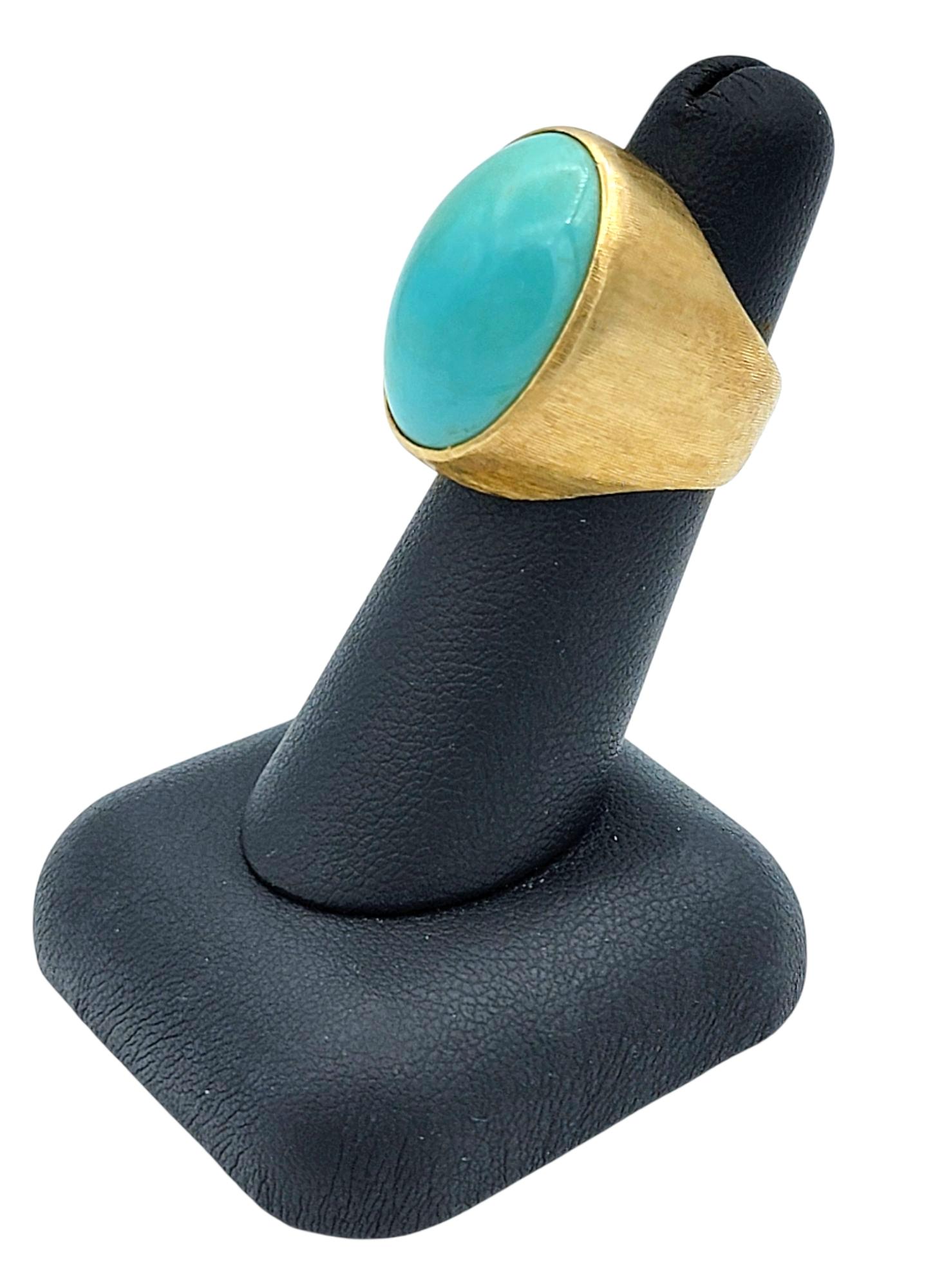 25.58 Carat Oval Cabochon Turquoise Cocktail Ring in Ridged 18 Karat Yellow Gold en vente 4