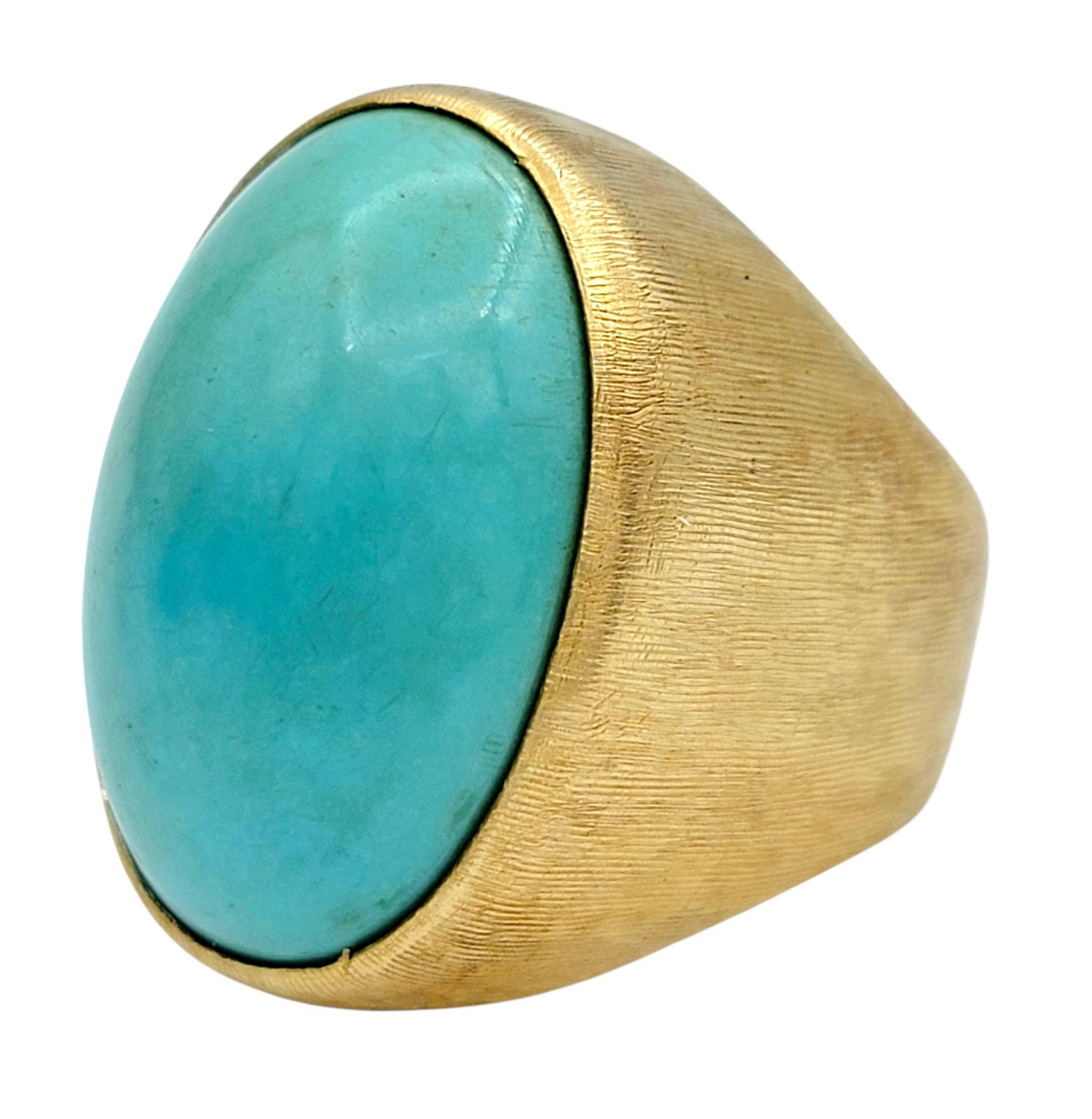 Contemporain 25.58 Carat Oval Cabochon Turquoise Cocktail Ring in Ridged 18 Karat Yellow Gold en vente