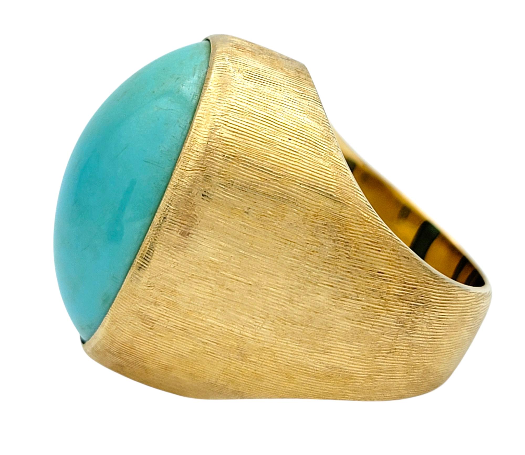 Taille cabochon 25.58 Carat Oval Cabochon Turquoise Cocktail Ring in Ridged 18 Karat Yellow Gold en vente