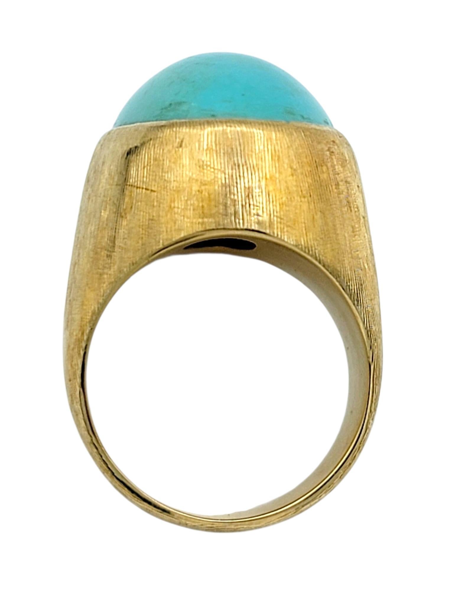 25.58 Carat Oval Cabochon Turquoise Cocktail Ring in Ridged 18 Karat Yellow Gold Bon état - En vente à Scottsdale, AZ