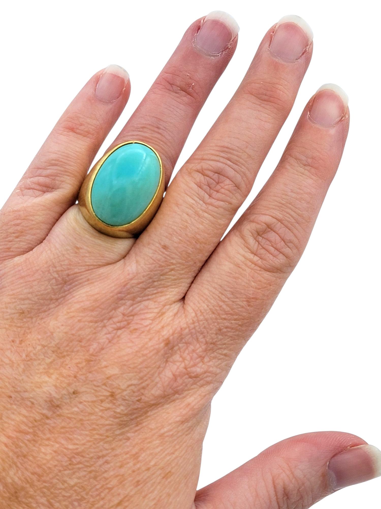 25.58 Carat Oval Cabochon Turquoise Cocktail Ring in Ridged 18 Karat Yellow Gold en vente 1