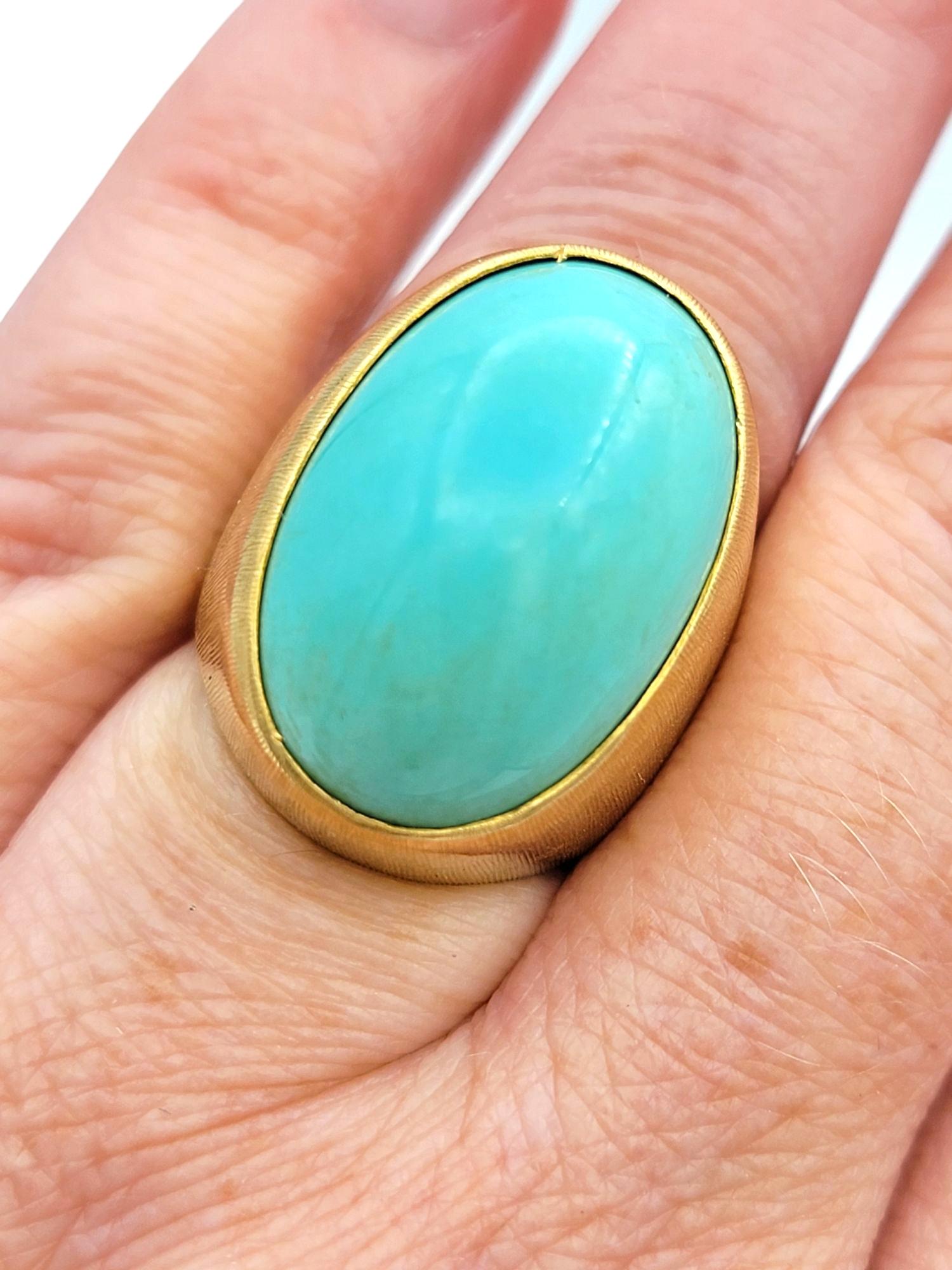25.58 Carat Oval Cabochon Turquoise Cocktail Ring in Ridged 18 Karat Yellow Gold en vente 2