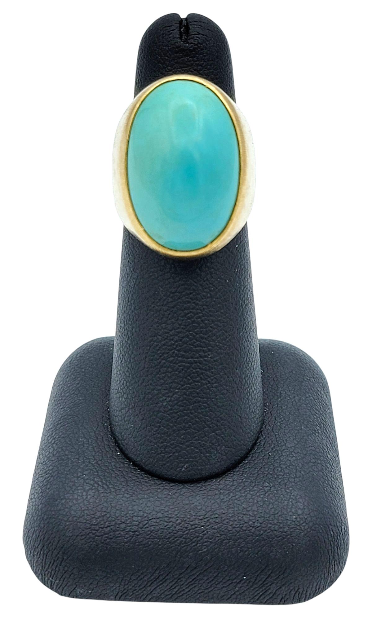 25.58 Carat Oval Cabochon Turquoise Cocktail Ring in Ridged 18 Karat Yellow Gold en vente 3