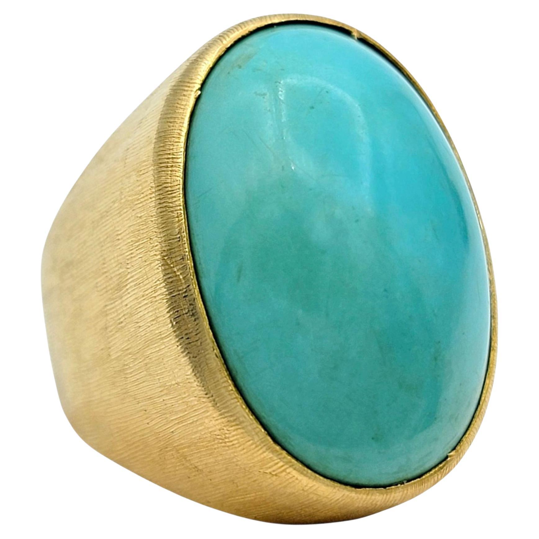 25.58 Carat Oval Cabochon Turquoise Cocktail Ring in Ridged 18 Karat Yellow Gold