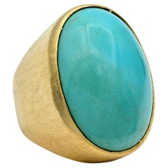25.58 Carat Oval Cabochon Turquoise Cocktail Ring in Ridged 18 Karat Yellow Gold