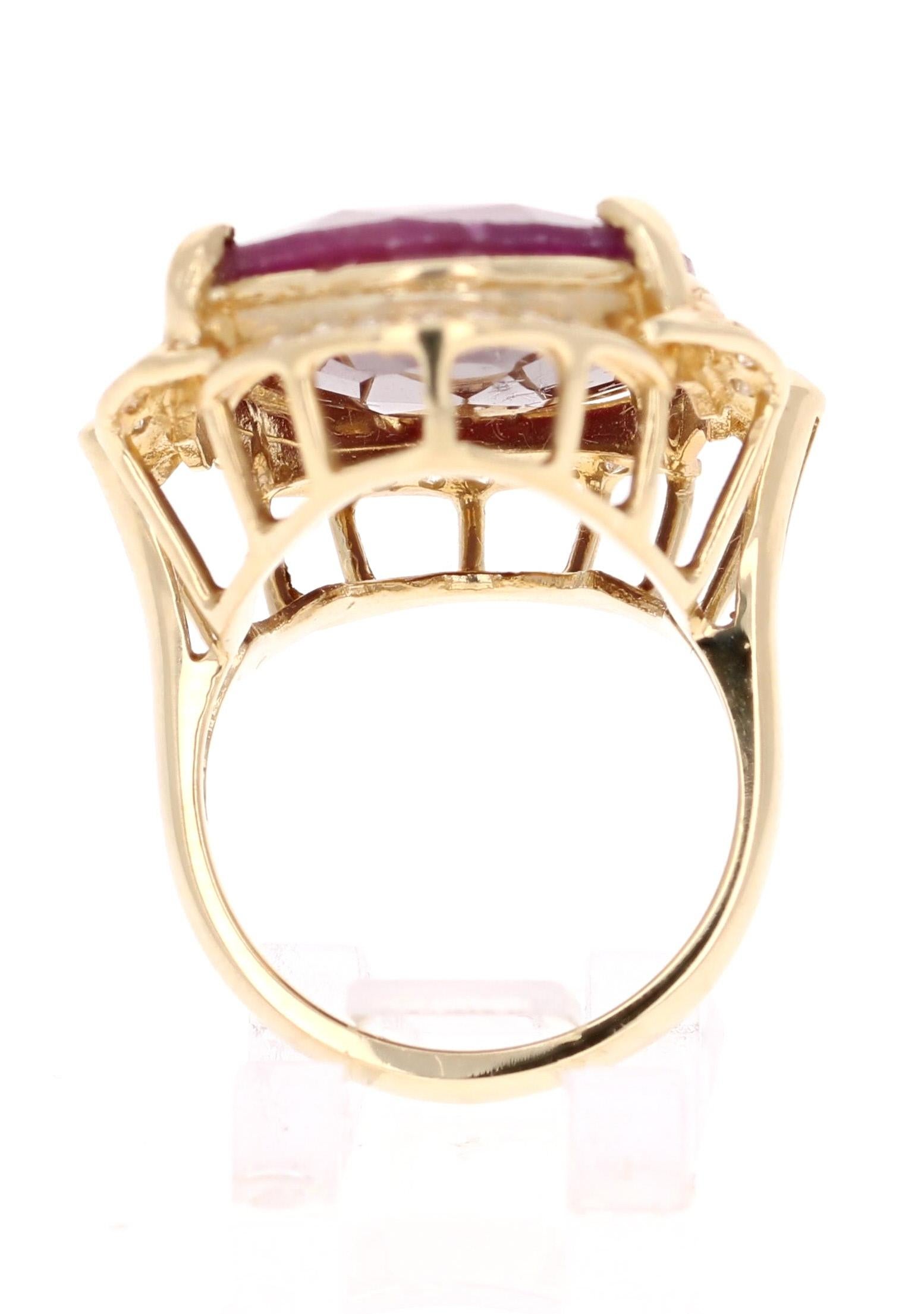 Oval Cut 25.59 Carat Ruby Diamond Yellow Gold Ring