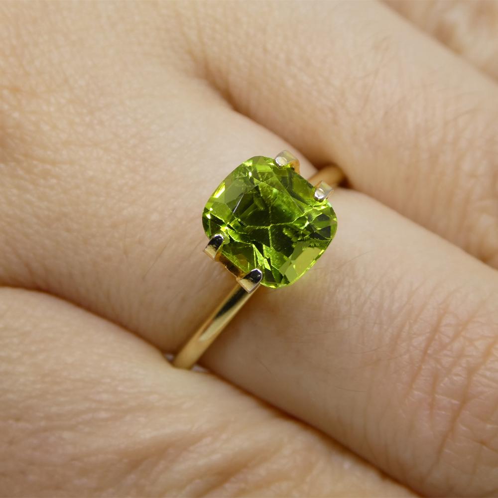 Description:

Gem Type: Peridot
Number of Stones: 1
Weight: 2.55 cts
Measurements: 7.89 x 7.12 x 6.08 mm
Shape: Cushion
Cutting Style Crown: Brilliant Cut
Cutting Style Pavilion: Modified Brilliant Cut
Transparency: Transparent
Clarity: Very