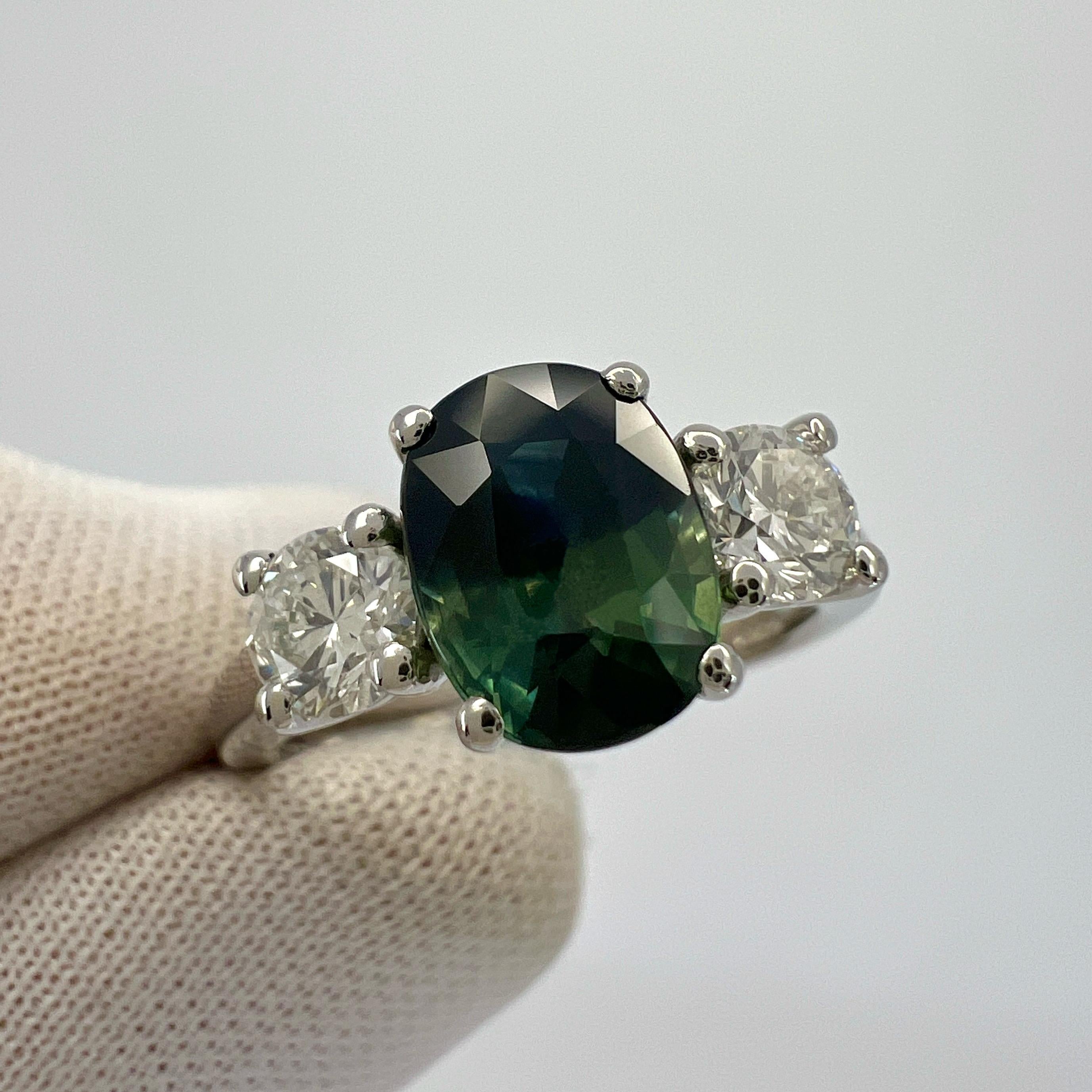 2.55ct Deep Blue Green Bi Colour Sapphire & Diamond Platinum Three Stone Ring For Sale 5