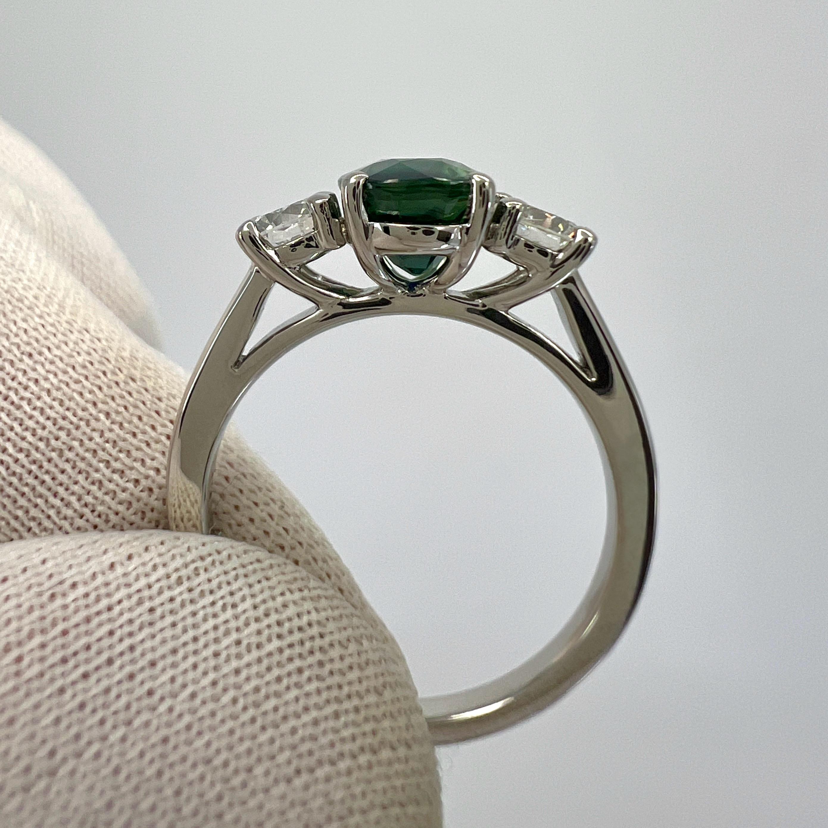 2.55ct Deep Blue Green Bi Colour Sapphire & Diamond Platinum Three Stone Ring For Sale 6