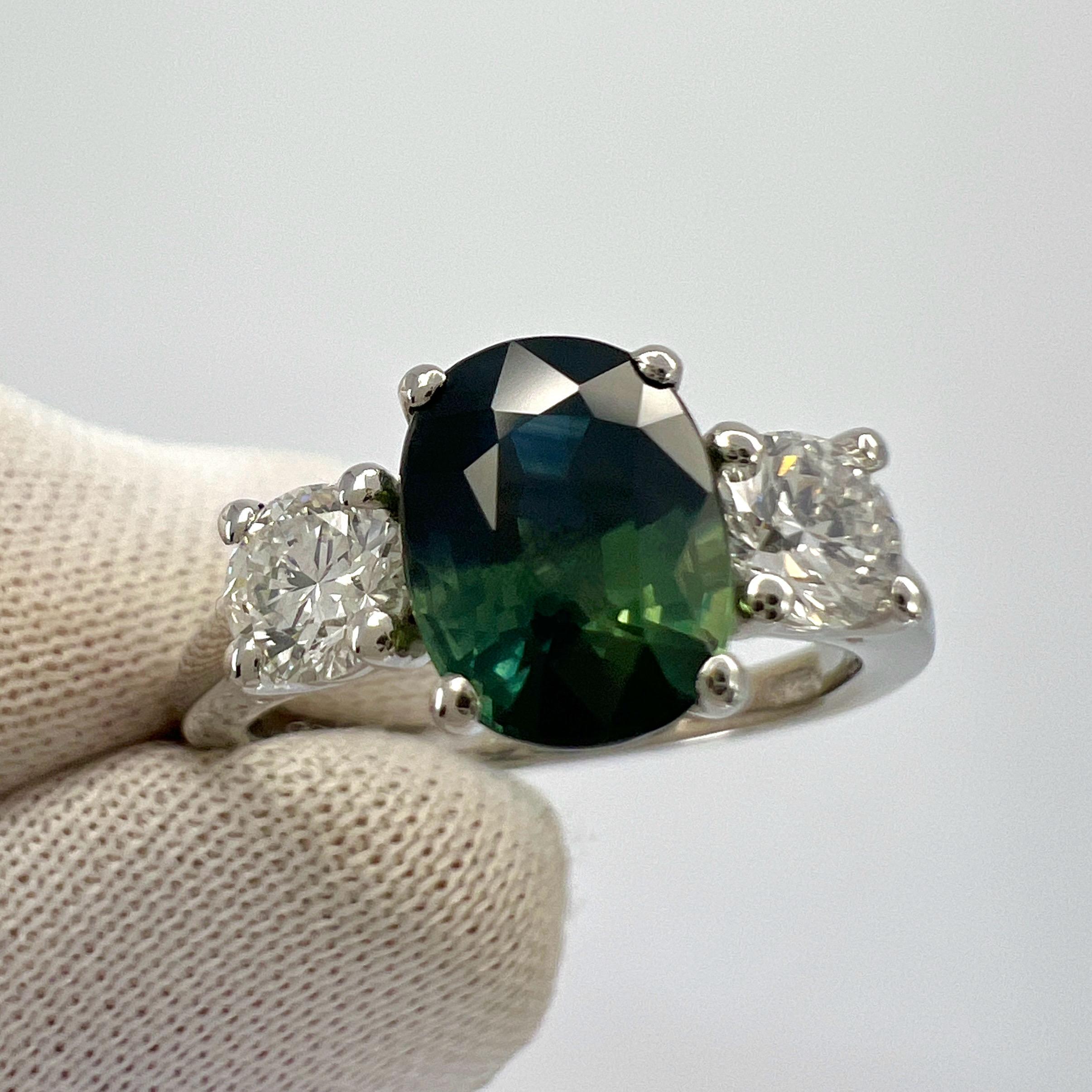 2.55ct Deep Blue Green Bi Colour Sapphire & Diamond Platinum Three Stone Ring For Sale 7