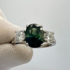 2.55ct Deep Blue Green Bi Colour Sapphire & Diamond Platinum Three Stone Ring