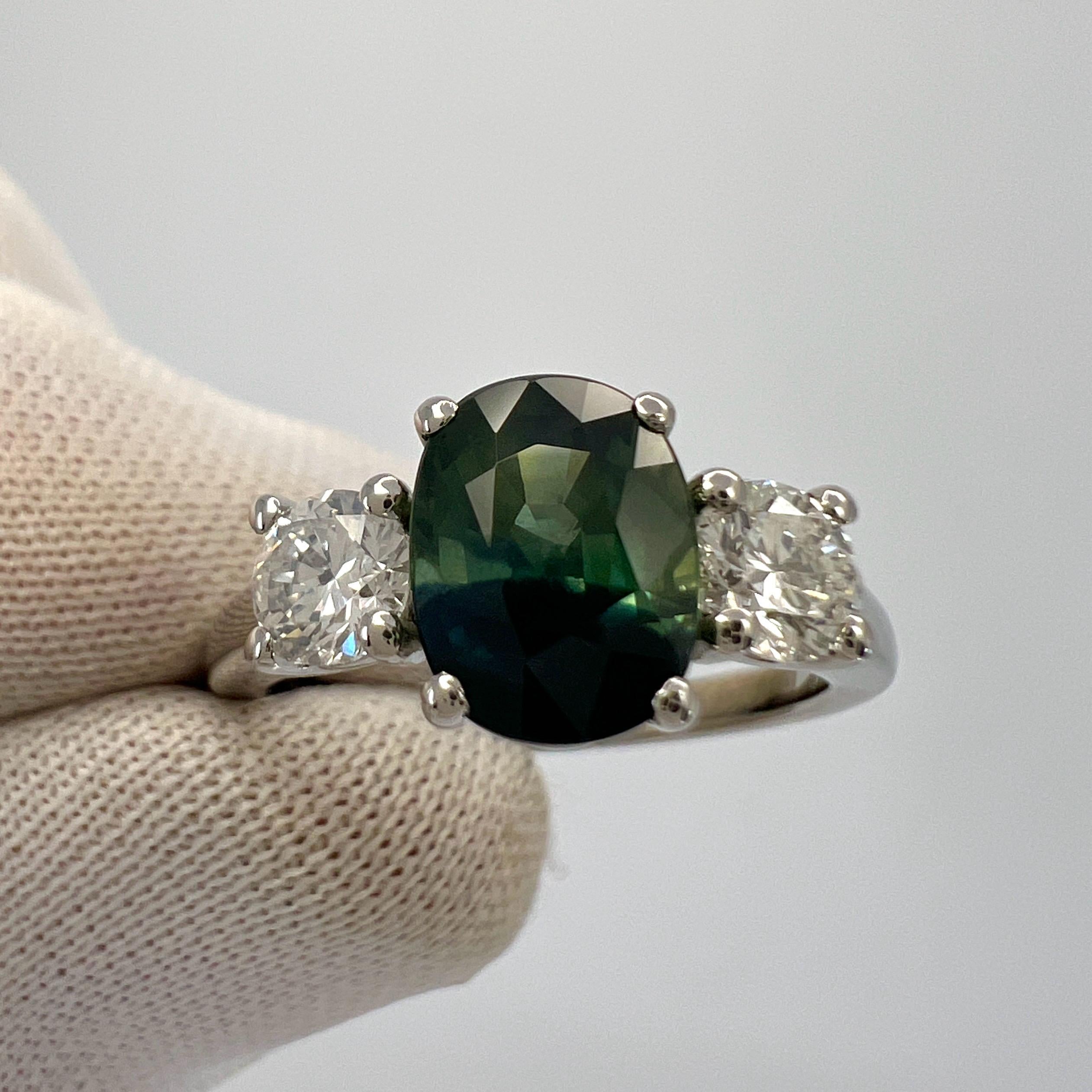 Women's or Men's 2.55ct Deep Blue Green Bi Colour Sapphire & Diamond Platinum Three Stone Ring For Sale