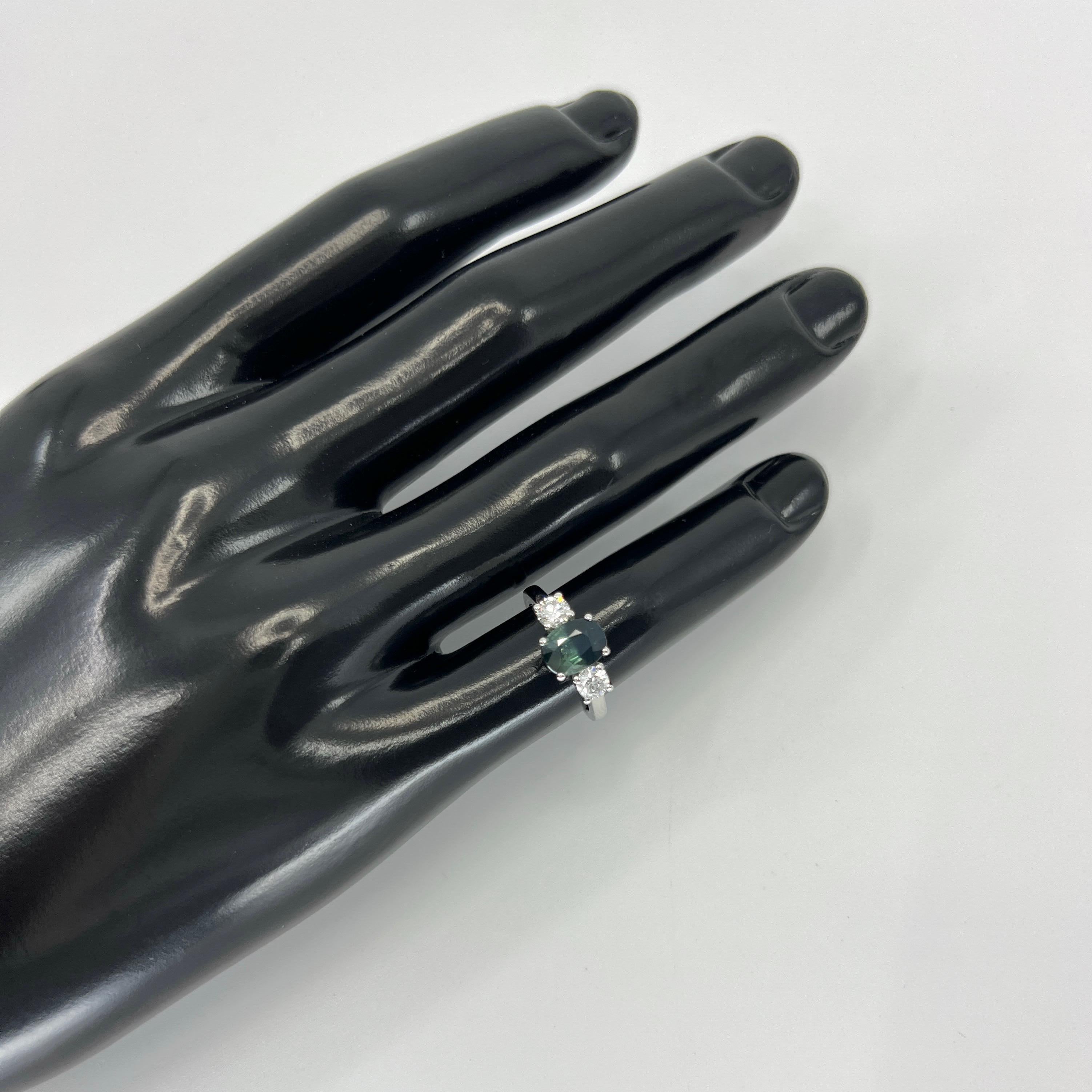 2.55ct Deep Blue Green Bi Colour Sapphire & Diamond Platinum Three Stone Ring For Sale 2