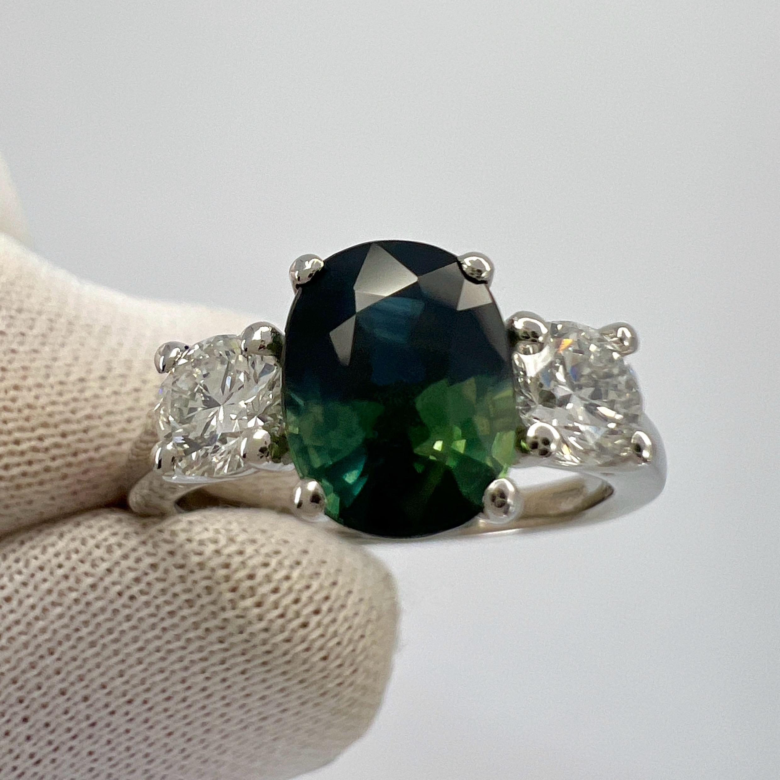 2.55ct Deep Blue Green Bi Colour Sapphire & Diamond Platinum Three Stone Ring For Sale 3