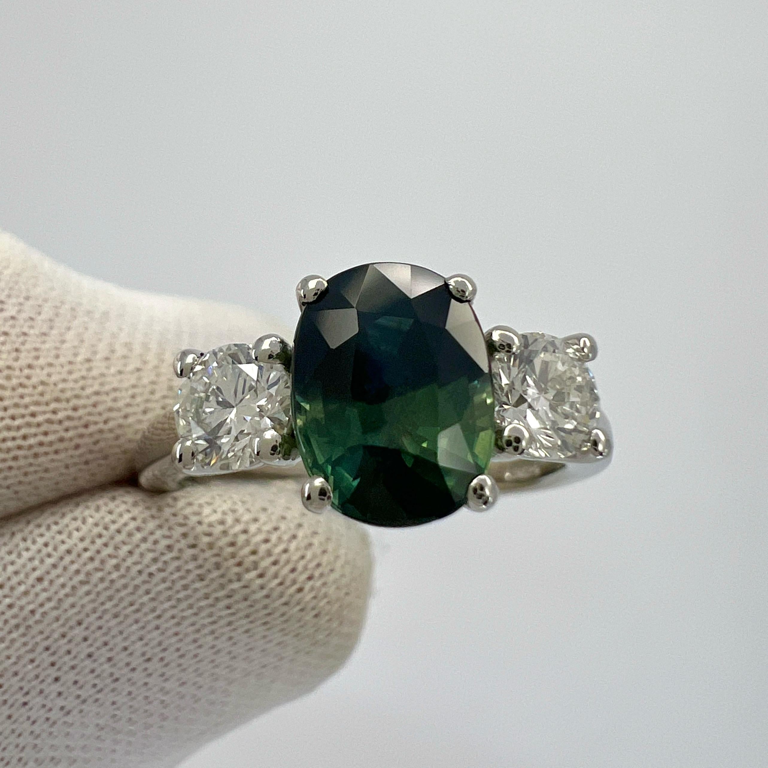 2.55ct Deep Blue Green Bi Colour Sapphire & Diamond Platinum Three Stone Ring For Sale 4